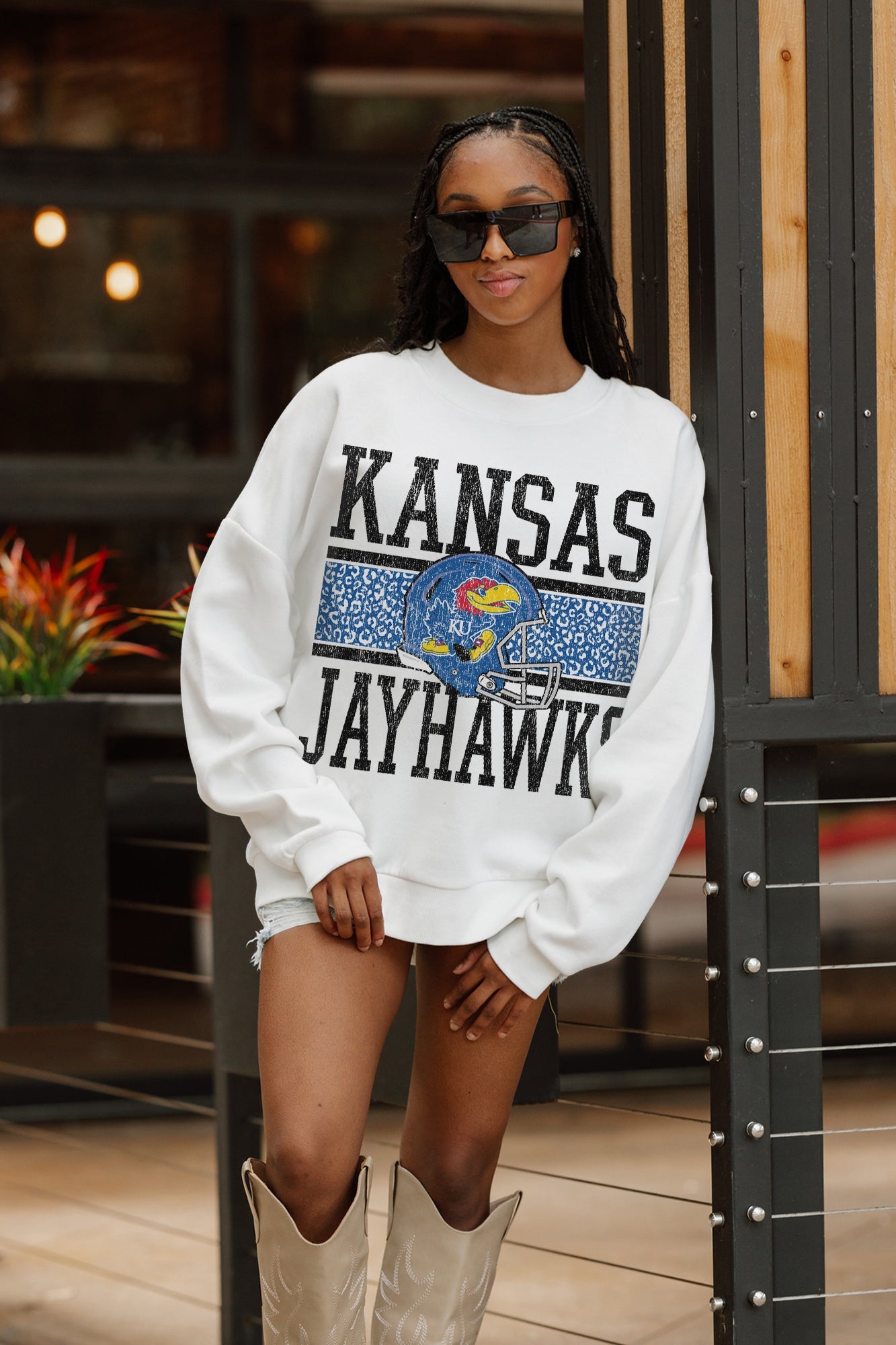 KANSAS JAYHAWKS FAIR CATCH PREMIUM FLEECE DROP SHOULDER CREWNECK PULLOVER