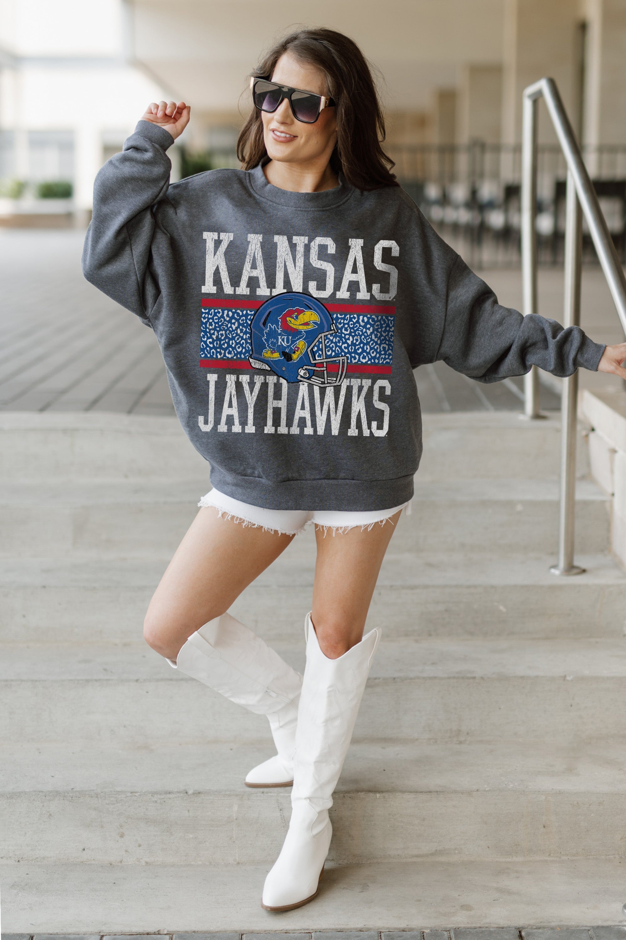 KANSAS JAYHAWKS WILD TAILGATE PREMIUM FLEECE DROP SHOULDER CREWNECK PULLOVER