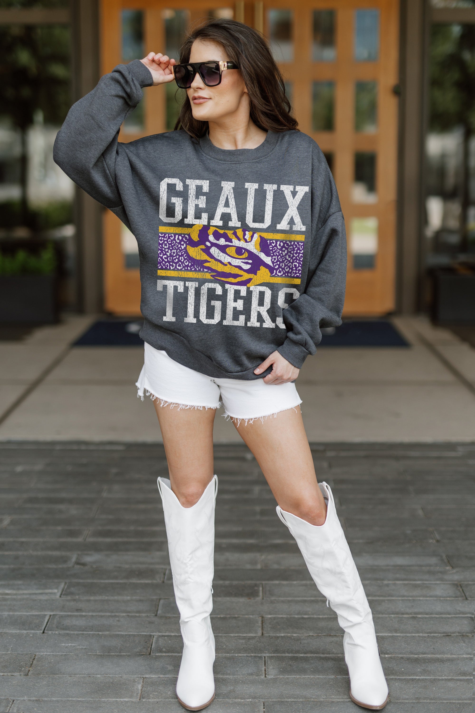 LSU TIGERS WILD TAILGATE PREMIUM FLEECE DROP SHOULDER CREWNECK PULLOVER