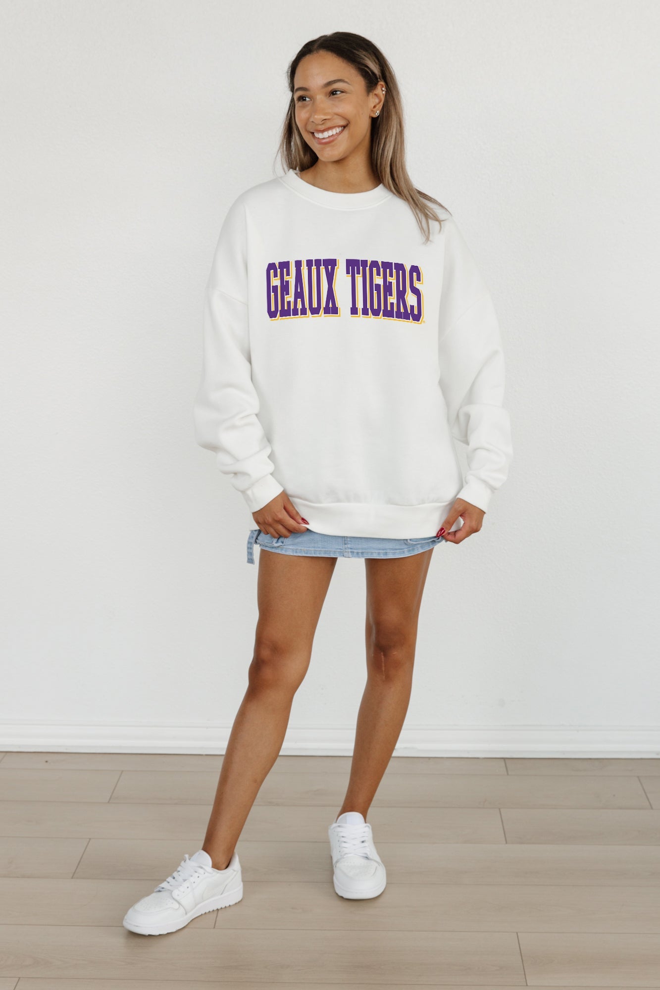 LSU TIGERS ALL-STAR APPEAL PREMIUM FLEECE DROP SHOULDER CREWNECK PULLOVER BY MADI PREWETT TROUTT