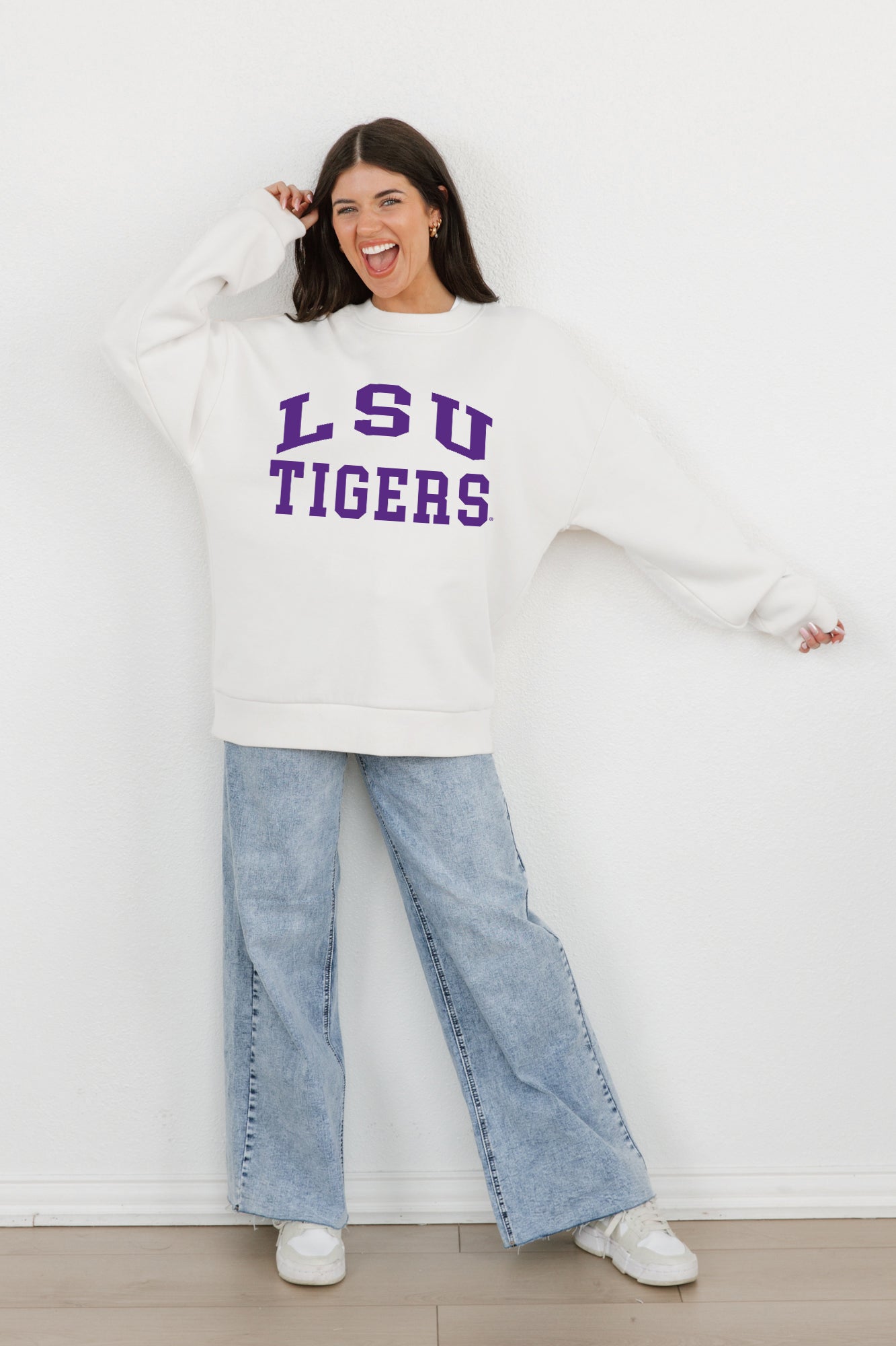 LSU TIGERS ALL-STAR STYLE PREMIUM FLEECE DROP SHOULDER CREWNECK PULLOVER BY MADI PREWETT TROUTT