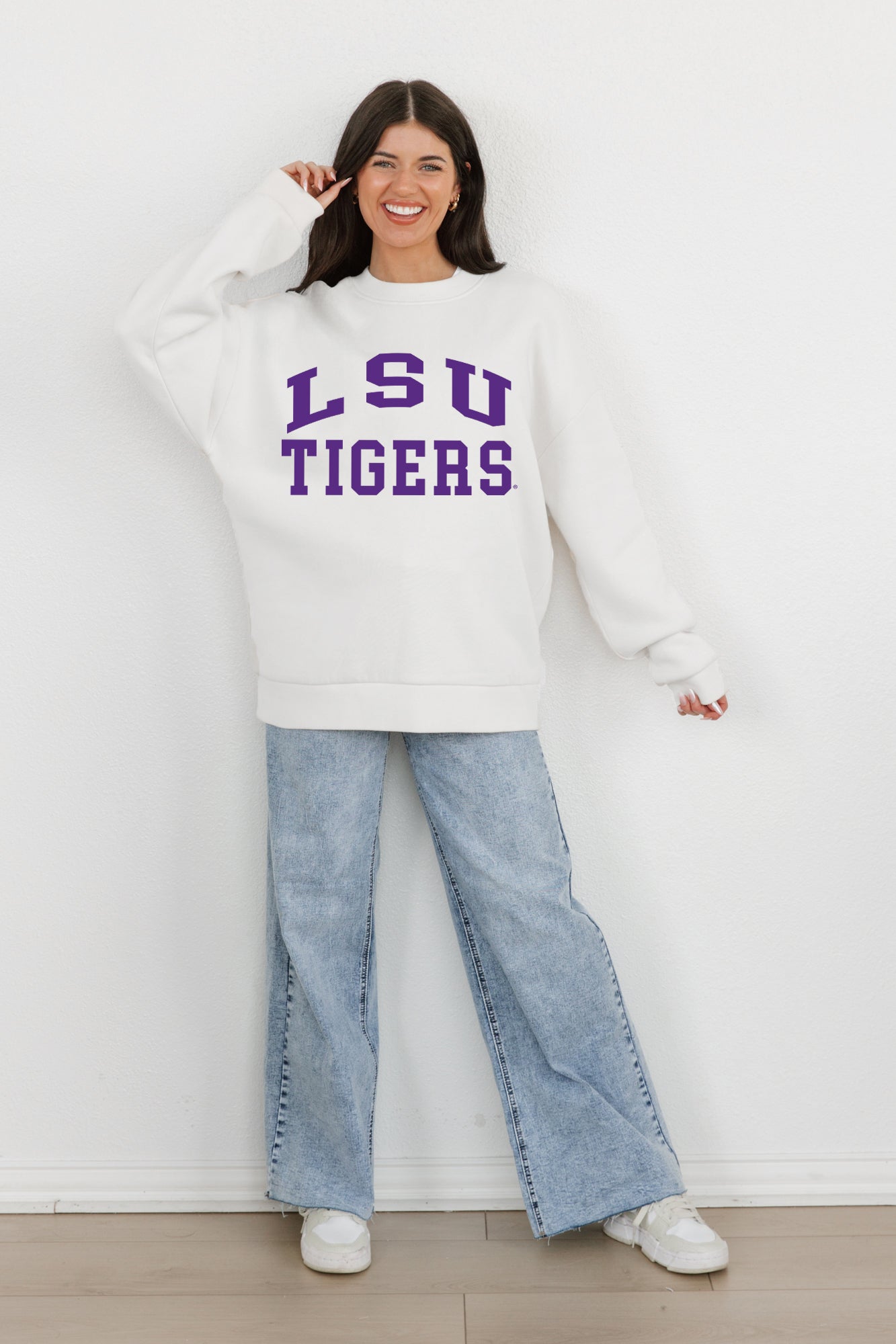 LSU TIGERS ALL-STAR STYLE PREMIUM FLEECE DROP SHOULDER CREWNECK PULLOVER BY MADI PREWETT TROUTT