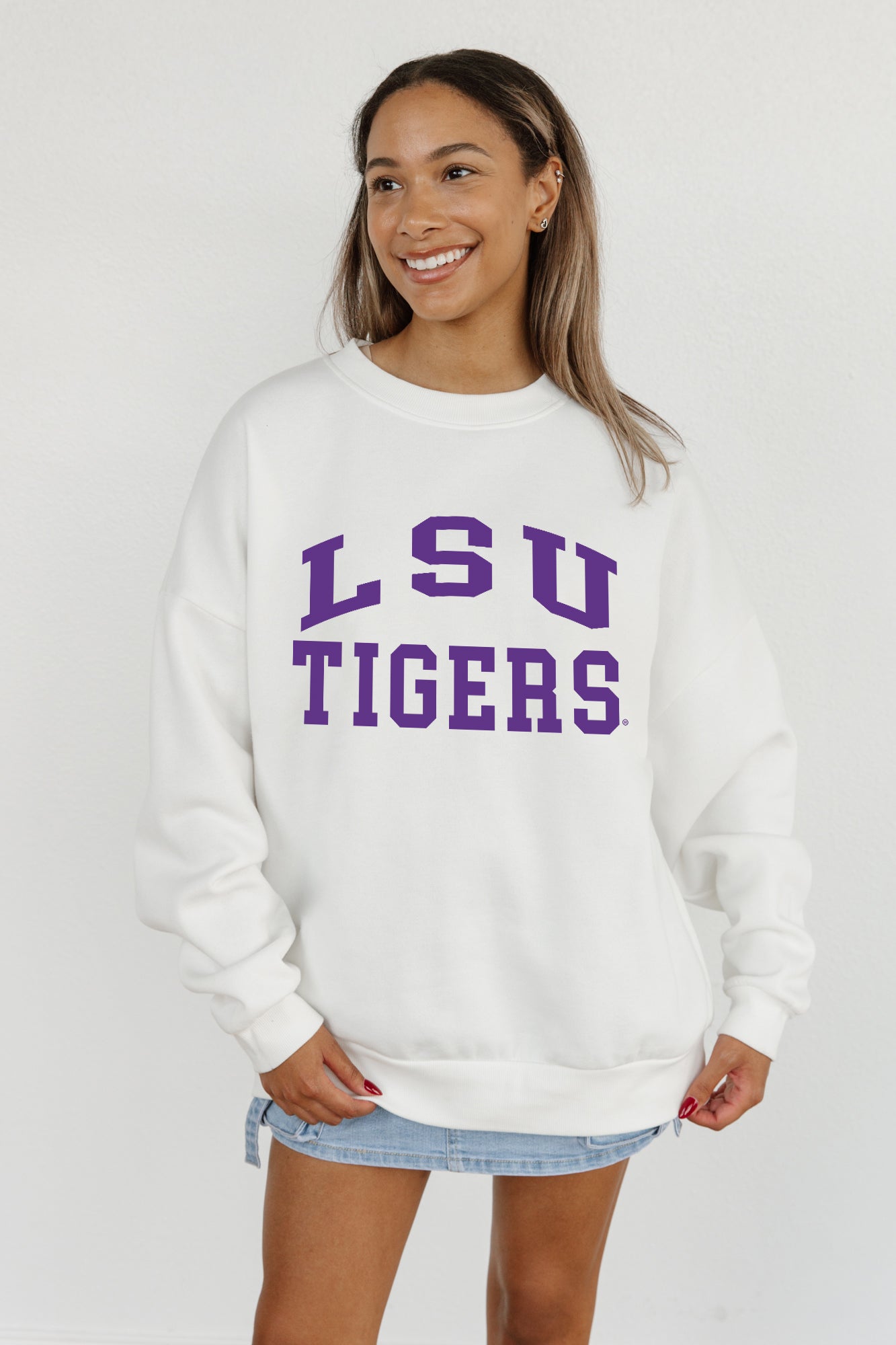 LSU TIGERS ALL-STAR STYLE PREMIUM FLEECE DROP SHOULDER CREWNECK PULLOVER BY MADI PREWETT TROUTT