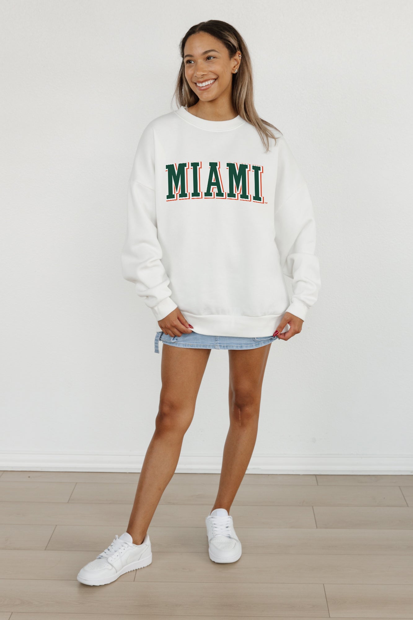 MIAMI HURRICANES ALL-STAR APPEAL PREMIUM FLEECE DROP SHOULDER CREWNECK PULLOVER BY MADI PREWETT TROUTT