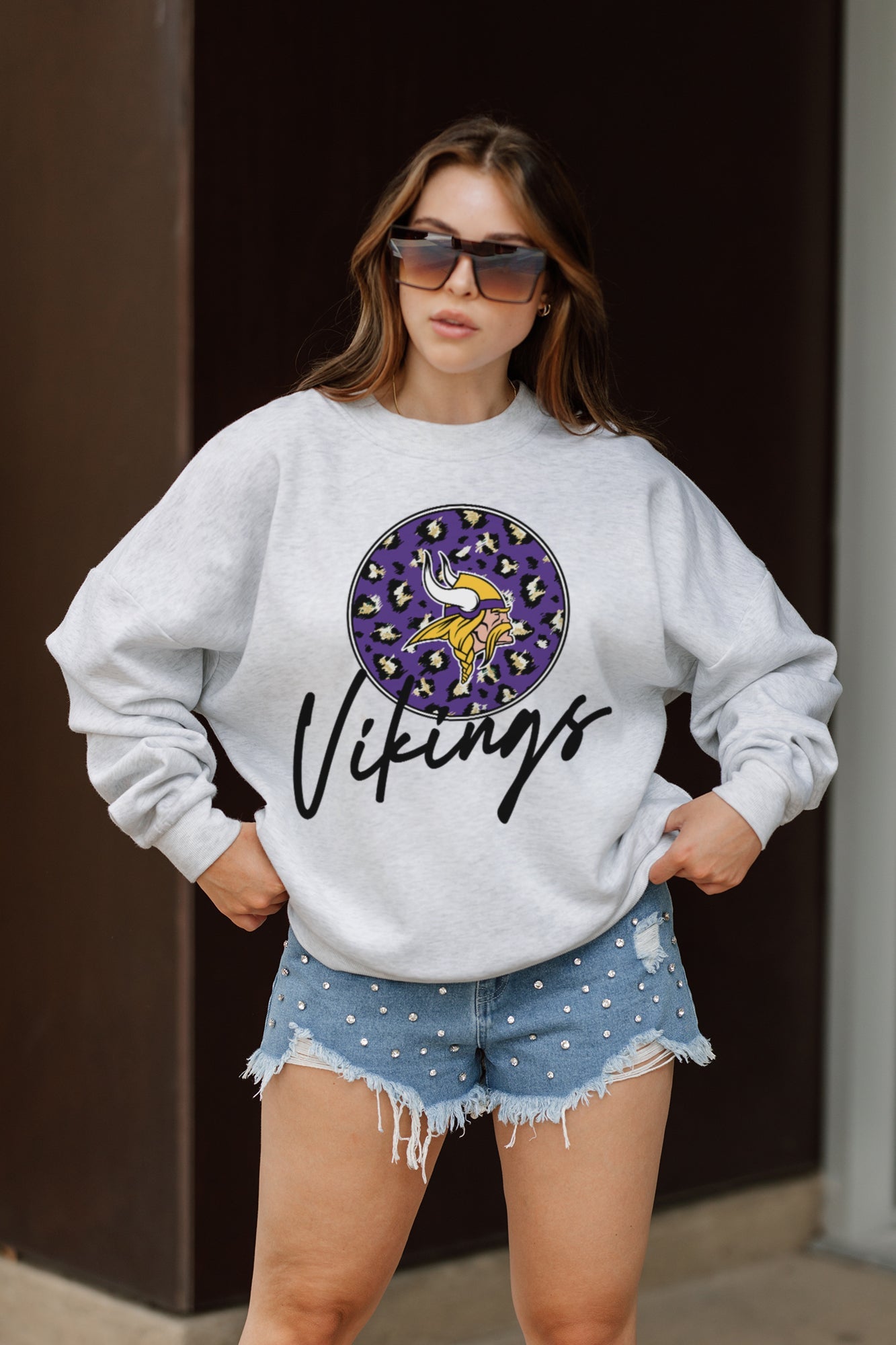 MINNESOTA VIKINGS GOING WILD PREMIUM FLEECE DROP SHOULDER CREWNECK PULLOVER