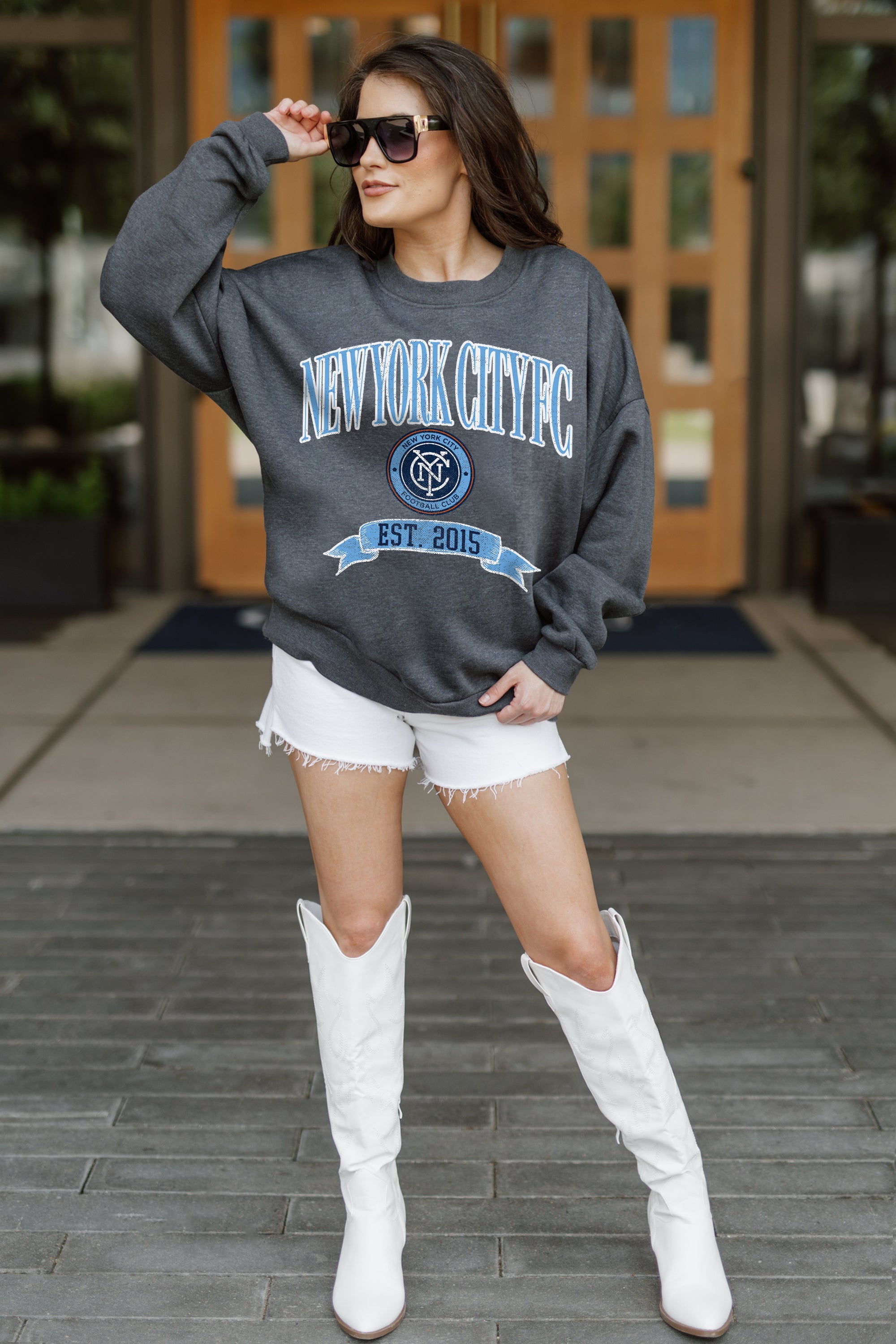 NEW YORK CITY FC SEAL THE DEAL PREMIUM FLEECE DROP SHOULDER CREWNECK PULLOVER