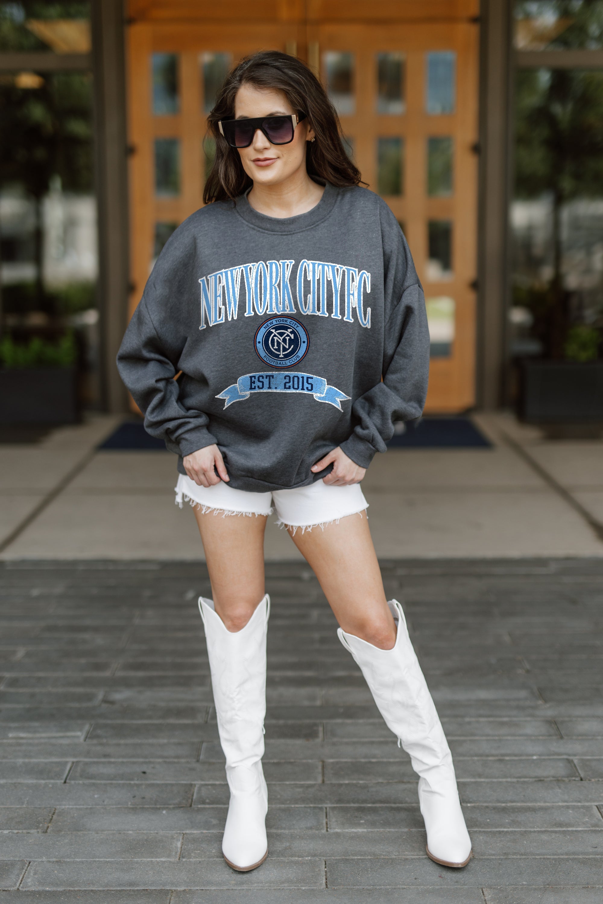 NEW YORK CITY FC SEAL THE DEAL PREMIUM FLEECE DROP SHOULDER CREWNECK PULLOVER