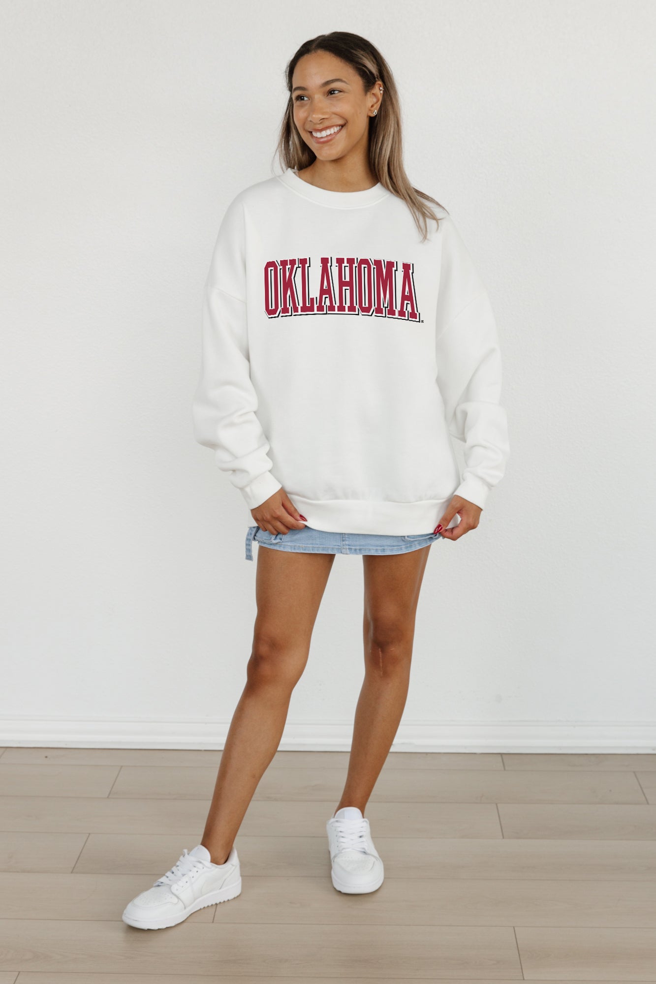 OKLAHOMA SOONERS ALL-STAR APPEAL PREMIUM FLEECE DROP SHOULDER CREWNECK PULLOVER BY MADI PREWETT TROUTT