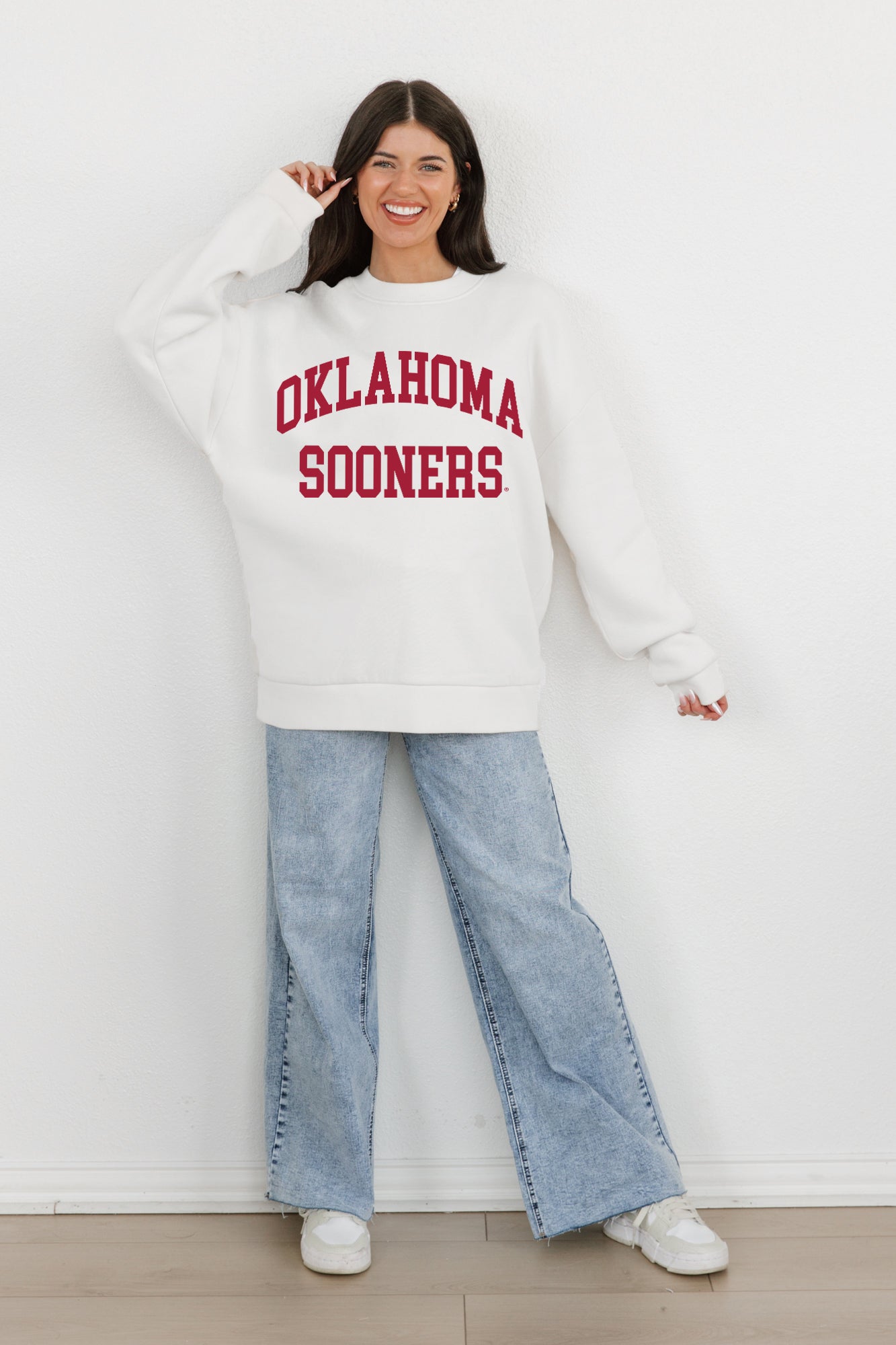 OKLAHOMA SOONERS ALL-STAR STYLE PREMIUM FLEECE DROP SHOULDER CREWNECK PULLOVER BY MADI PREWETT TROUTT