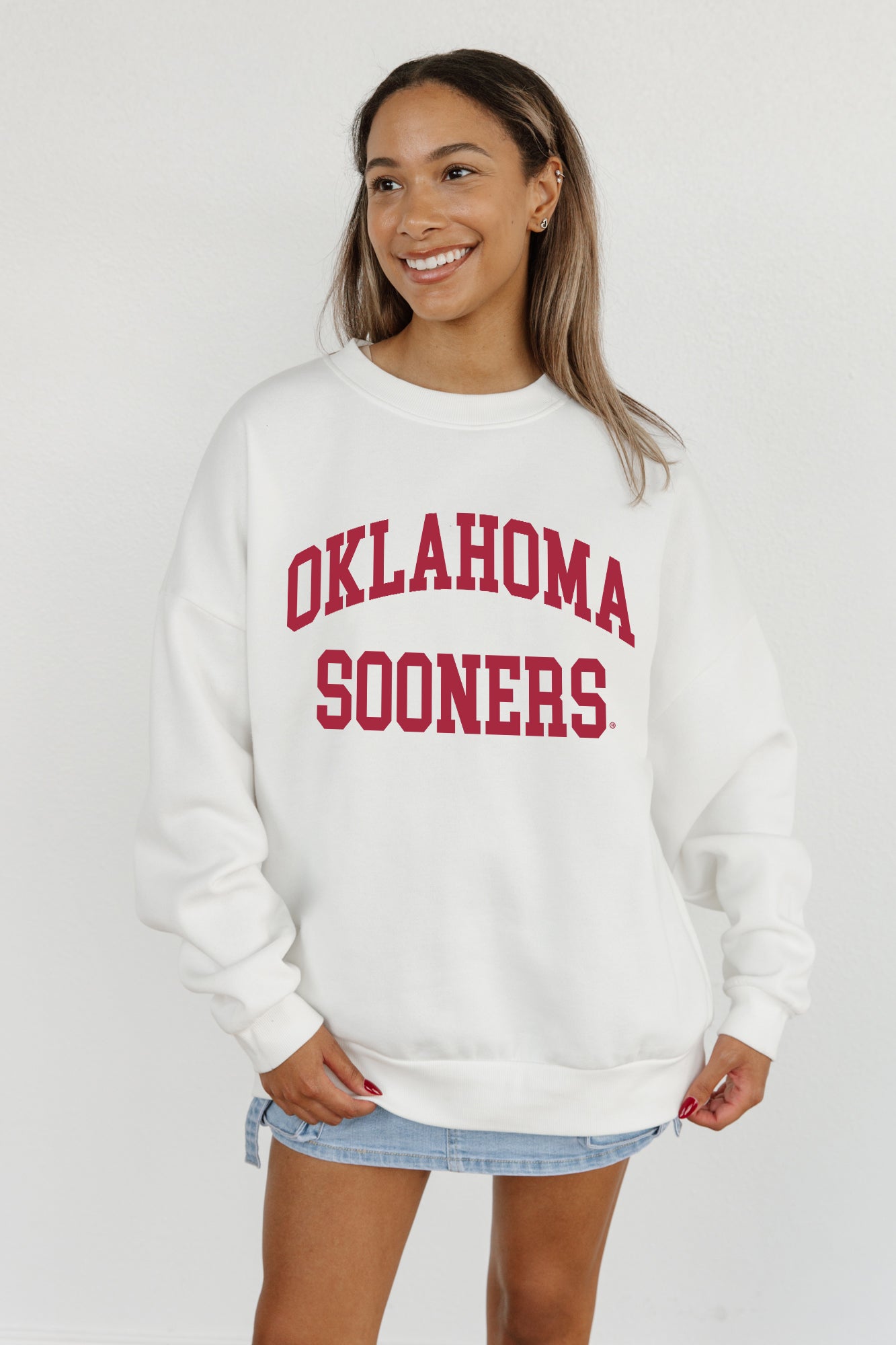 OKLAHOMA SOONERS ALL-STAR STYLE PREMIUM FLEECE DROP SHOULDER CREWNECK PULLOVER BY MADI PREWETT TROUTT