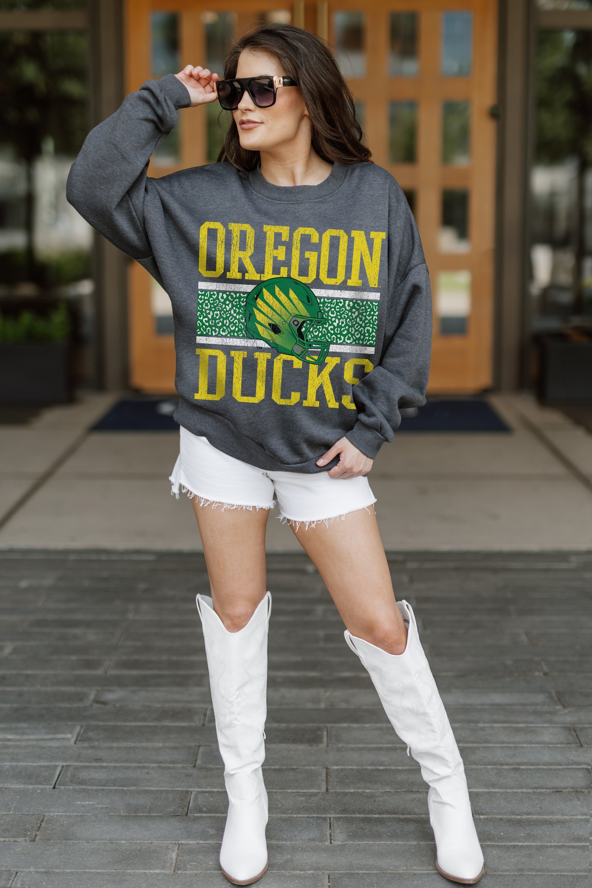 OREGON DUCKS WILD TAILGATE PREMIUM FLEECE DROP SHOULDER CREWNECK PULLOVER