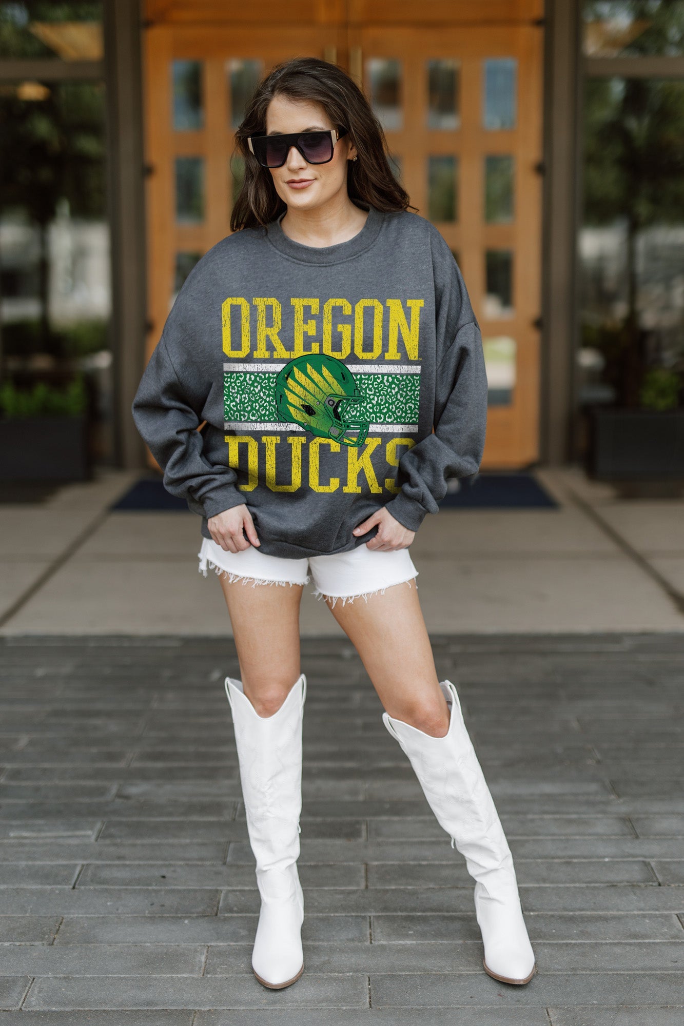 OREGON DUCKS WILD TAILGATE PREMIUM FLEECE DROP SHOULDER CREWNECK PULLOVER