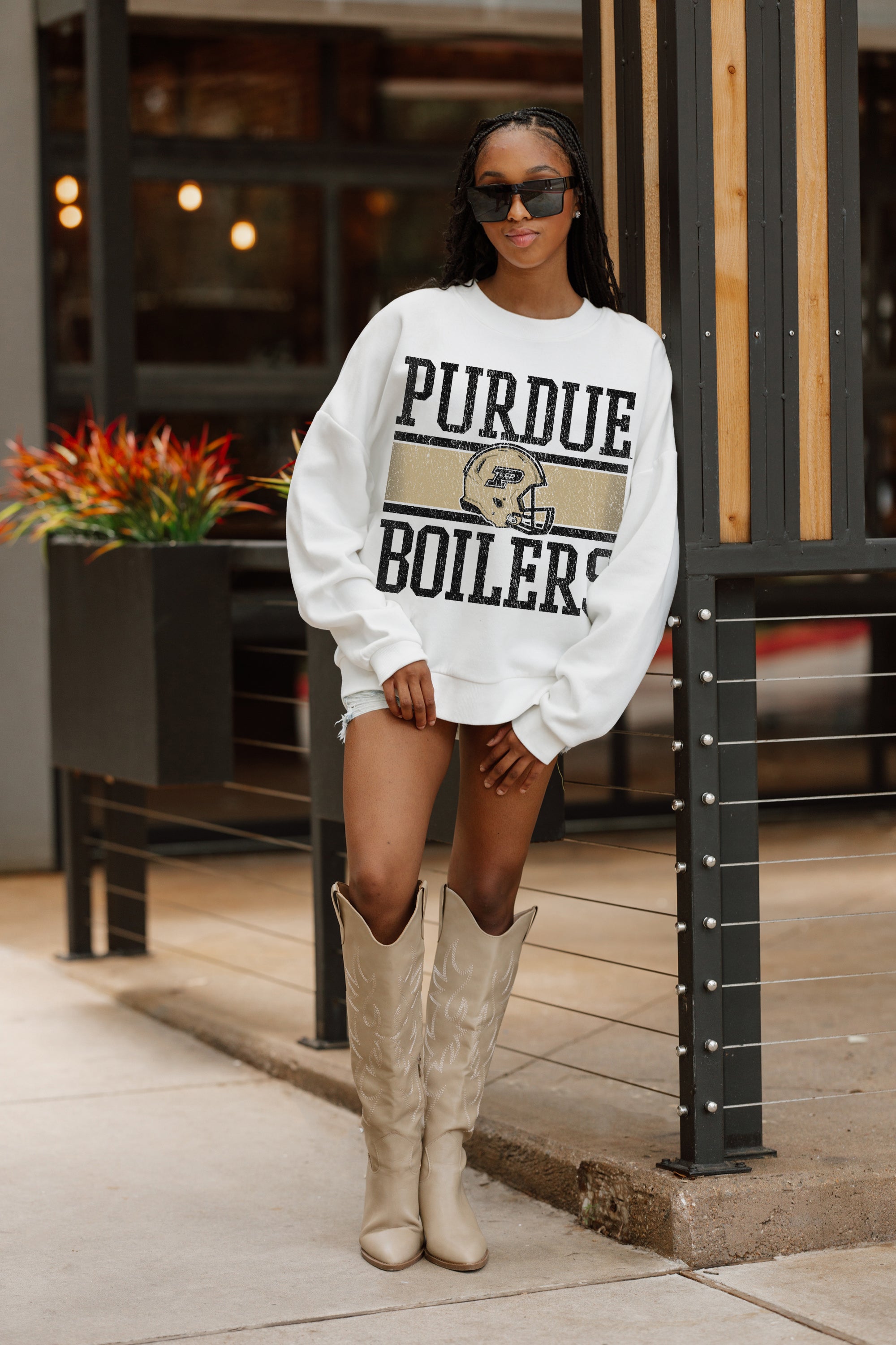 PURDUE BOILERMAKERS FAIR CATCH PREMIUM FLEECE DROP SHOULDER CREWNECK PULLOVER