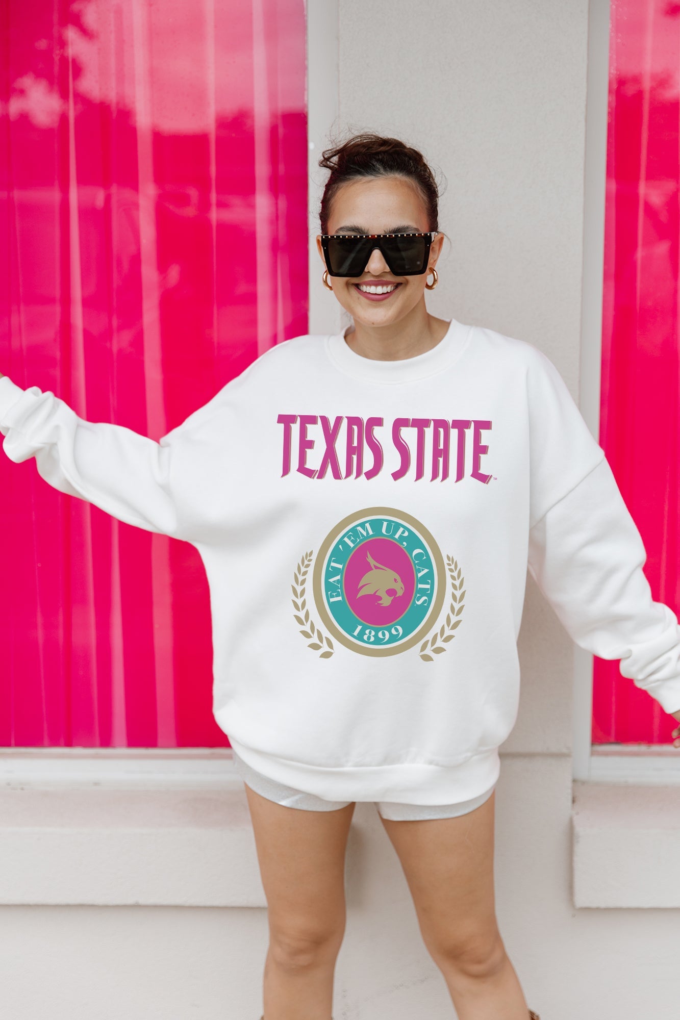 TEXAS STATE BOBCATS GOAL GETTER PREMIUM FLEECE DROP SHOULDER CREWNECK PULLOVER