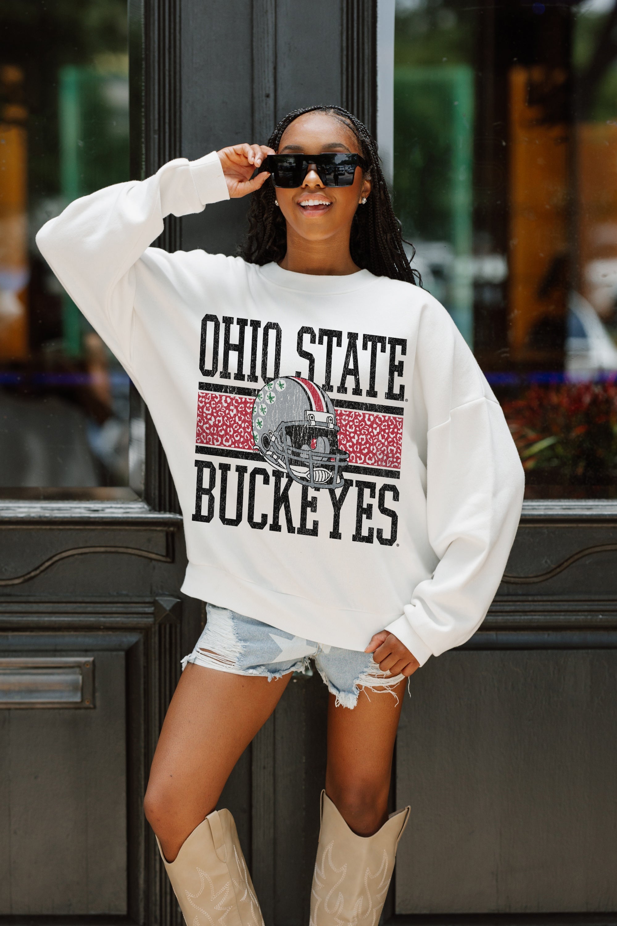 OHIO STATE BUCKEYES FAIR CATCH PREMIUM FLEECE DROP SHOULDER CREWNECK PULLOVER