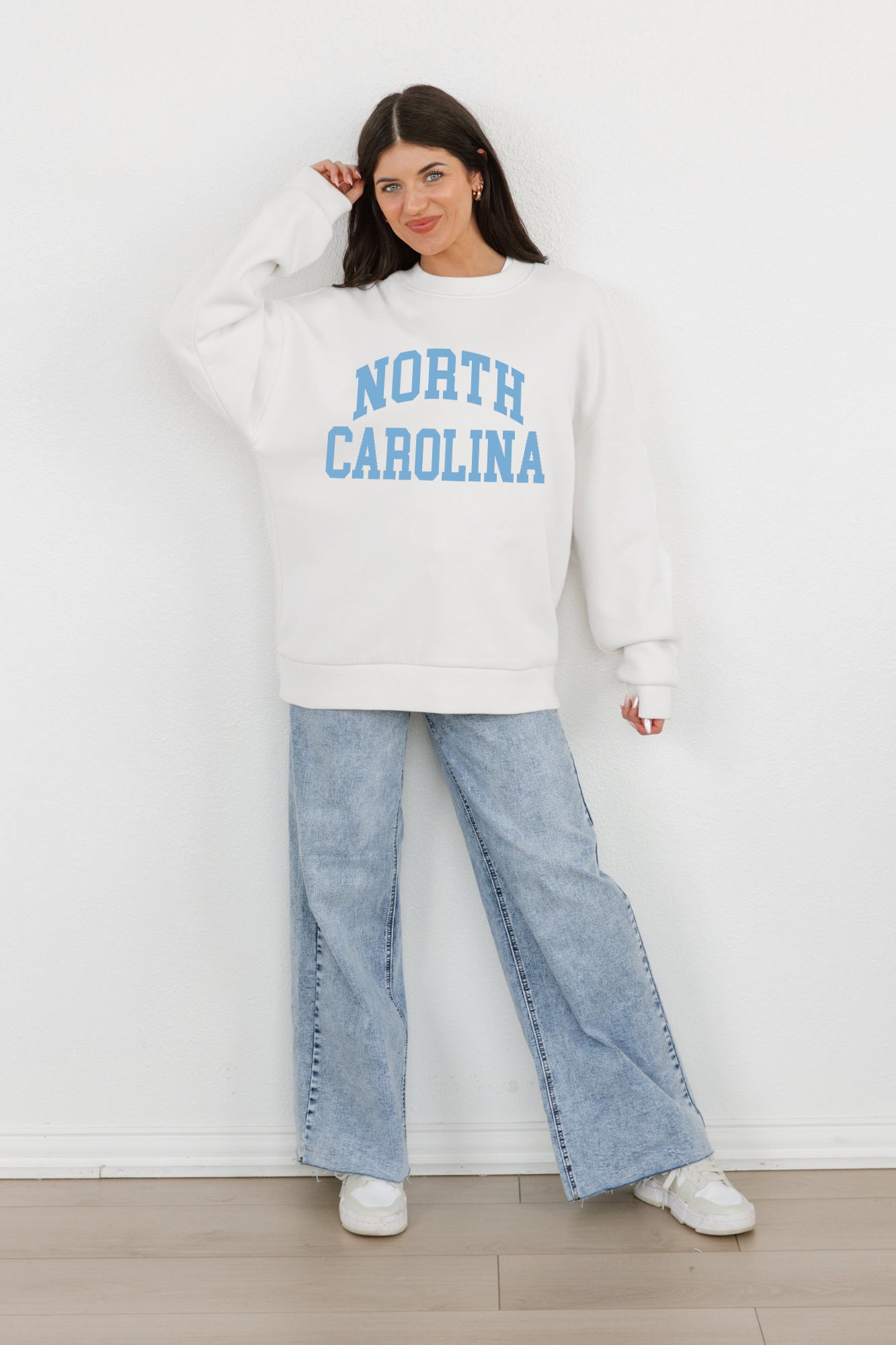 NORTH CAROLINA TAR HEELS ALL-STAR STYLE PREMIUM FLEECE DROP SHOULDER CREWNECK PULLOVER BY MADI PREWETT TROUTT