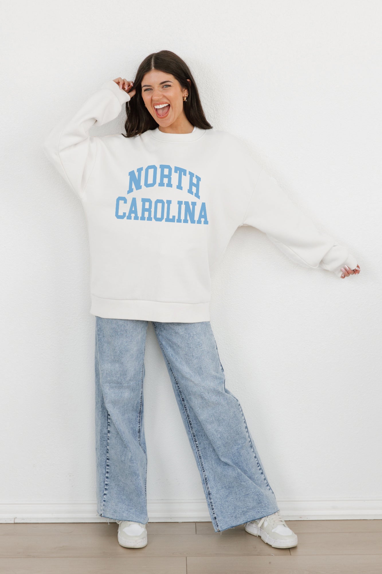 NORTH CAROLINA TAR HEELS ALL-STAR STYLE PREMIUM FLEECE DROP SHOULDER CREWNECK PULLOVER BY MADI PREWETT TROUTT