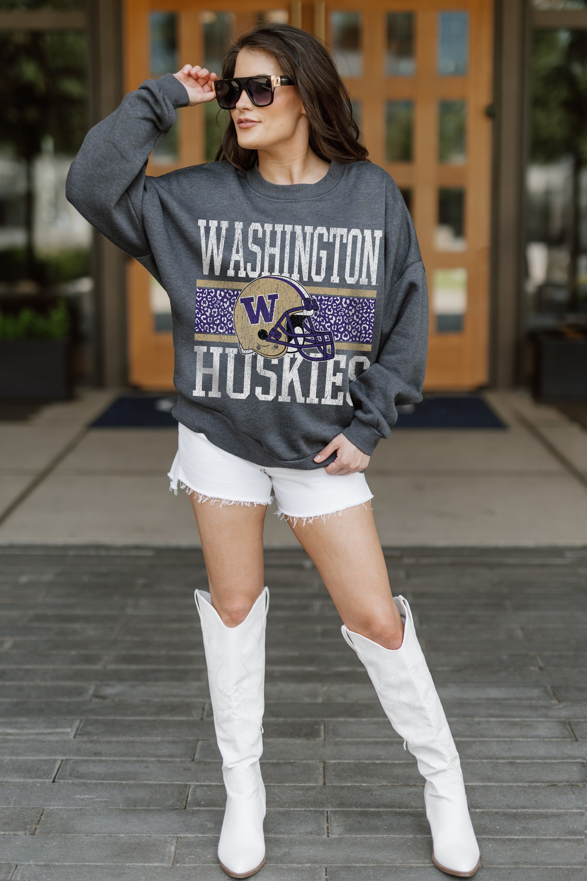 WASHINGTON HUSKIES WILD TAILGATE PREMIUM FLEECE DROP SHOULDER CREWNECK PULLOVER