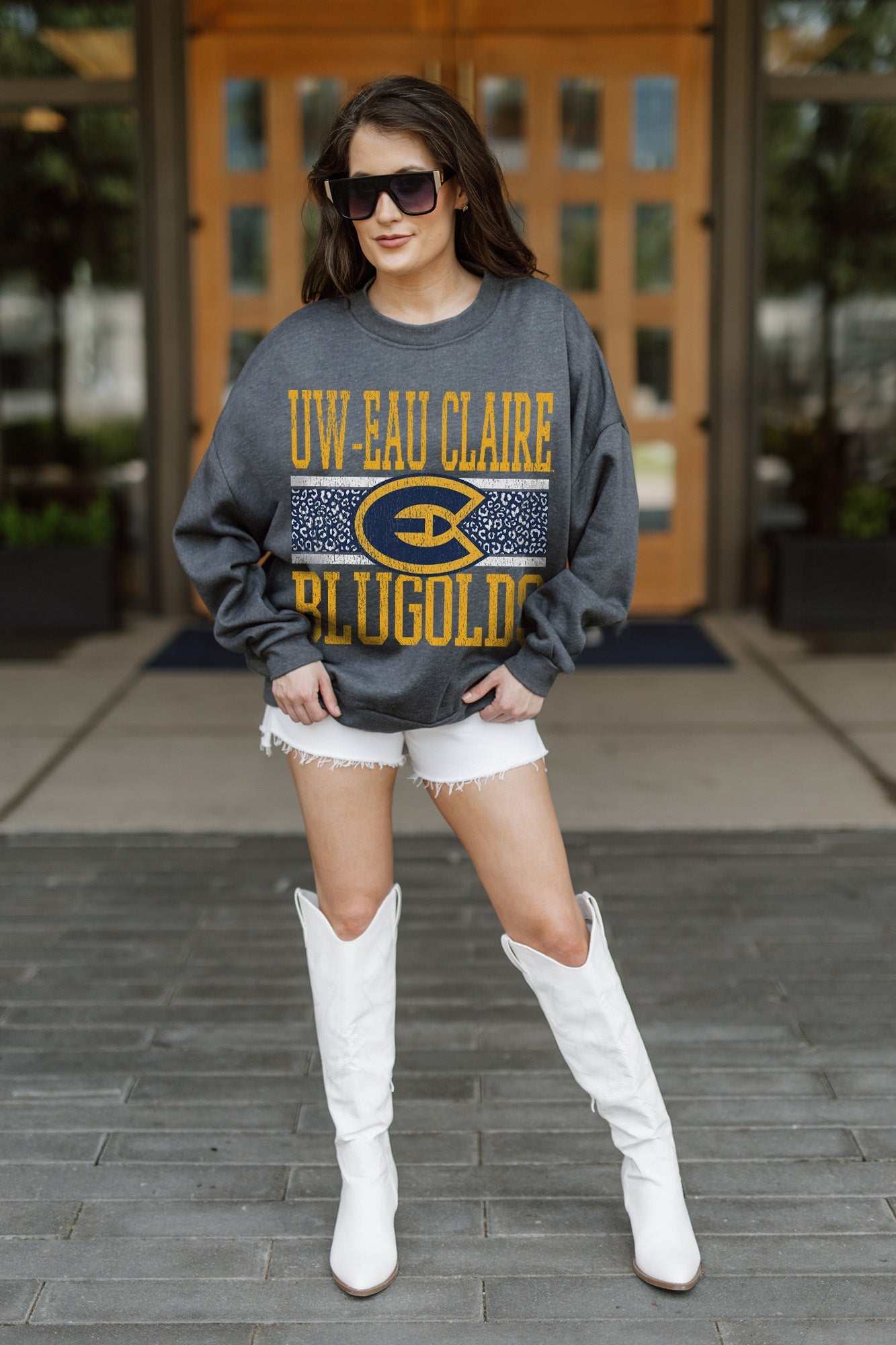 WISCONSIN-EAU CLAIRE BLUGOLDS WILD TAILGATE PREMIUM FLEECE DROP SHOULDER CREWNECK PULLOVER