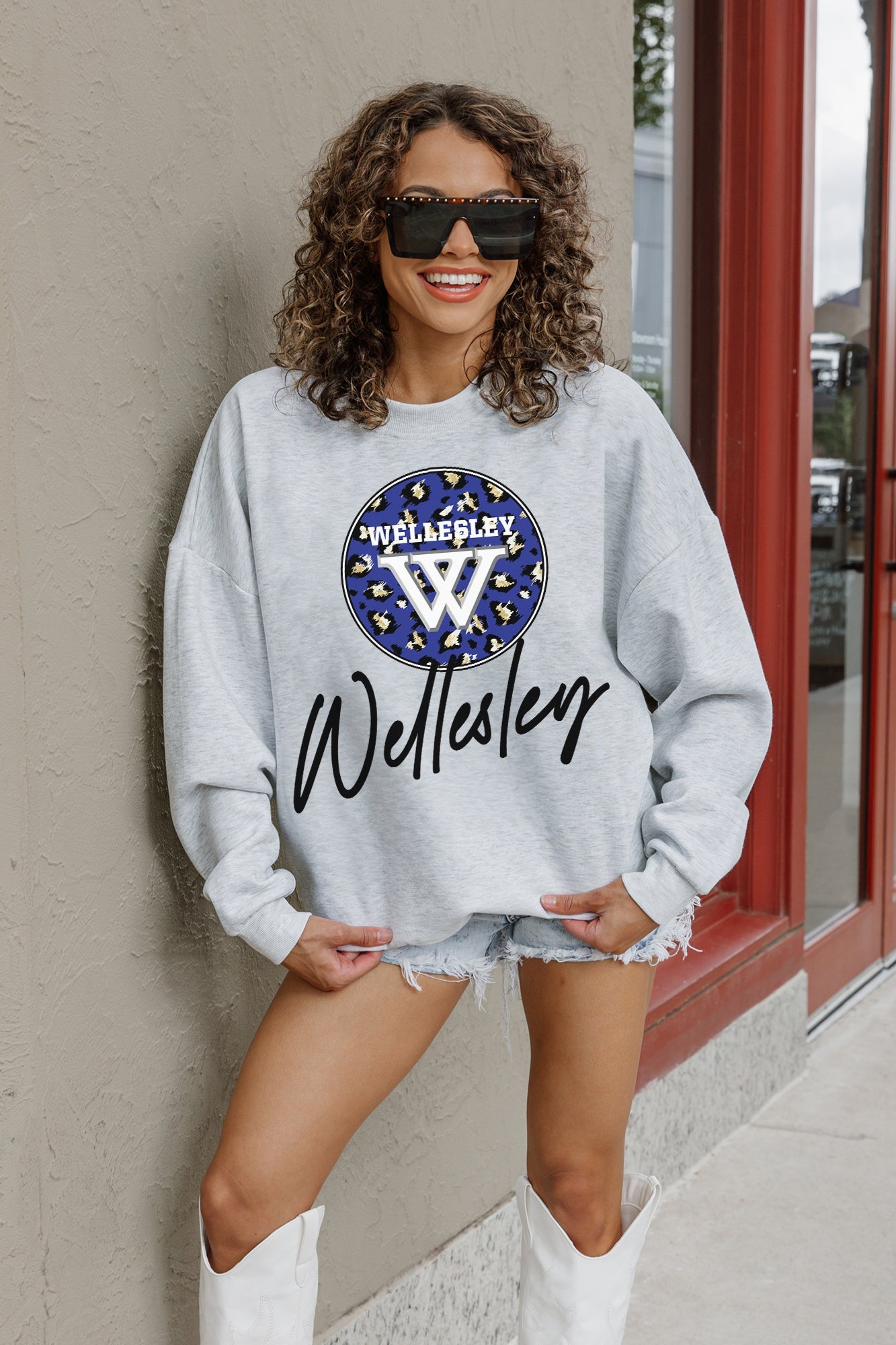 WELLESLEY BLUE GOING WILD PREMIUM FLEECE DROP SHOULDER CREWNECK PULLOVER