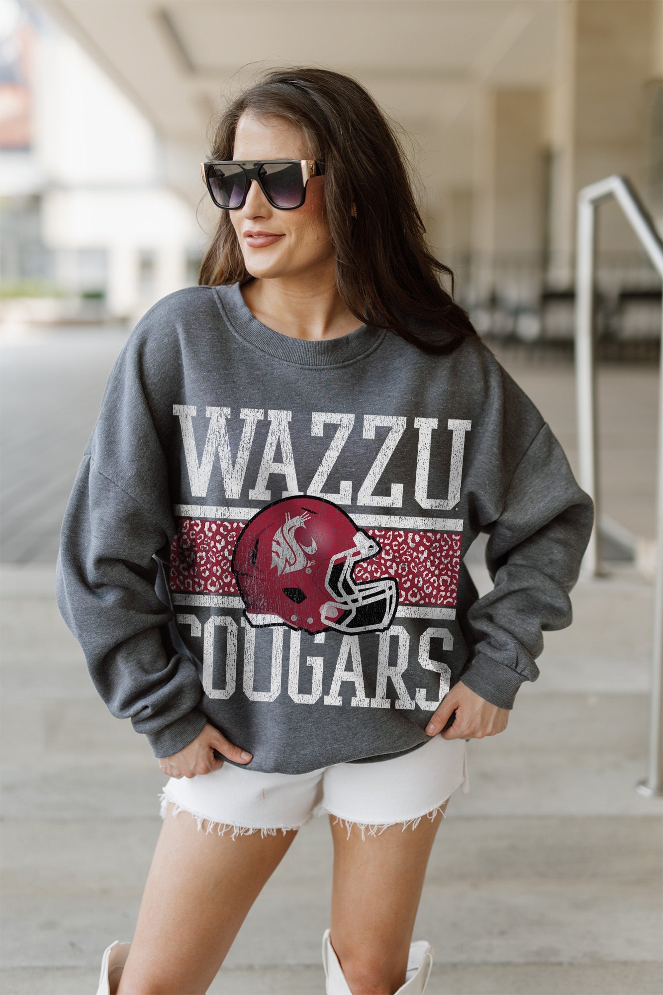 WASHINGTON STATE COUGARS WILD TAILGATE PREMIUM FLEECE DROP SHOULDER CREWNECK PULLOVER