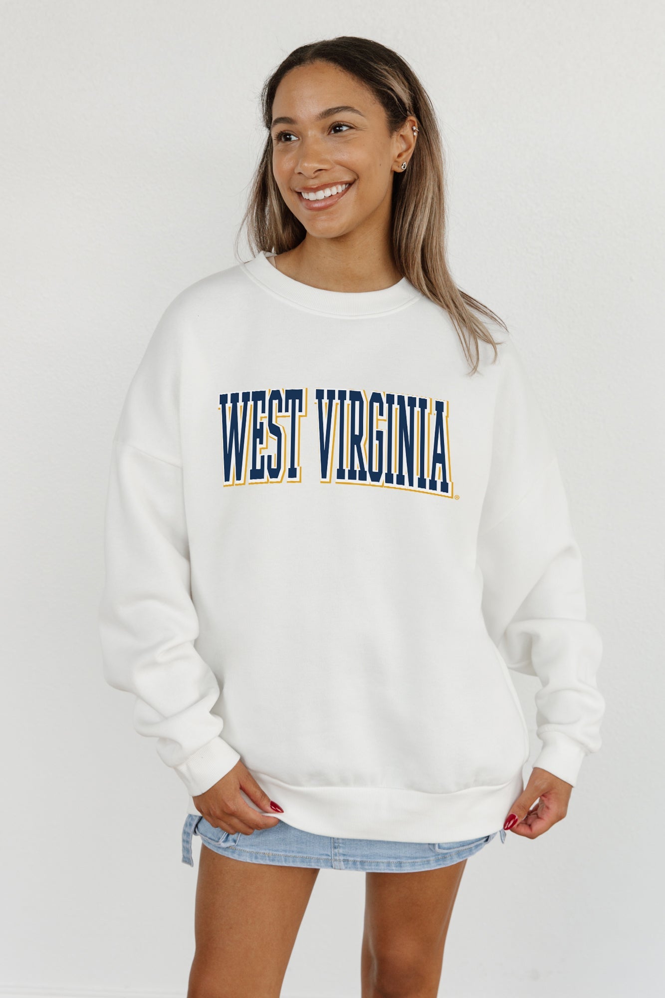 WEST VIRGINIA MOUNTAINEERS ALL-STAR APPEAL PREMIUM FLEECE DROP SHOULDER CREWNECK PULLOVER BY MADI PREWETT TROUTT