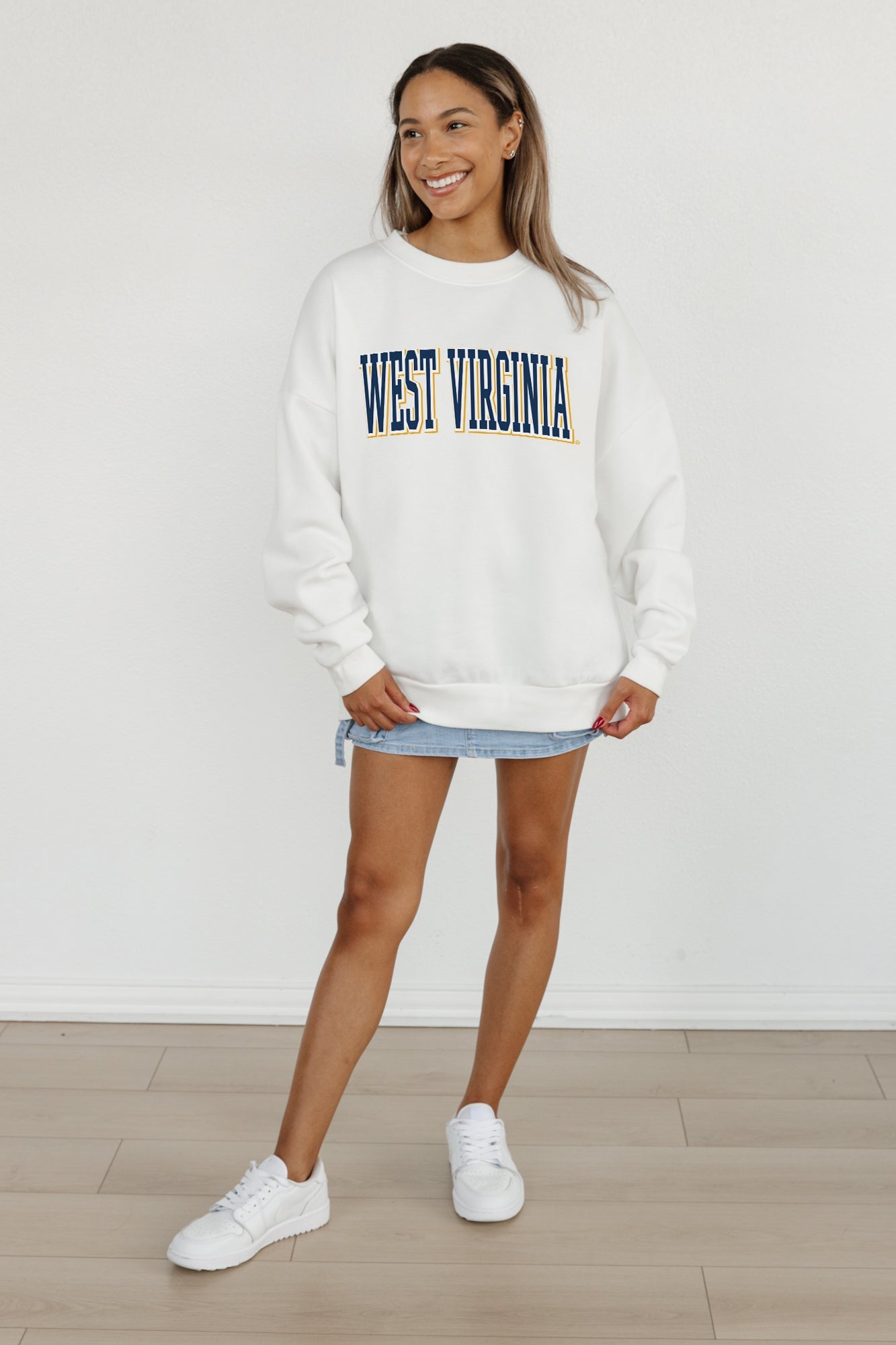 WEST VIRGINIA MOUNTAINEERS ALL-STAR APPEAL PREMIUM FLEECE DROP SHOULDER CREWNECK PULLOVER BY MADI PREWETT TROUTT