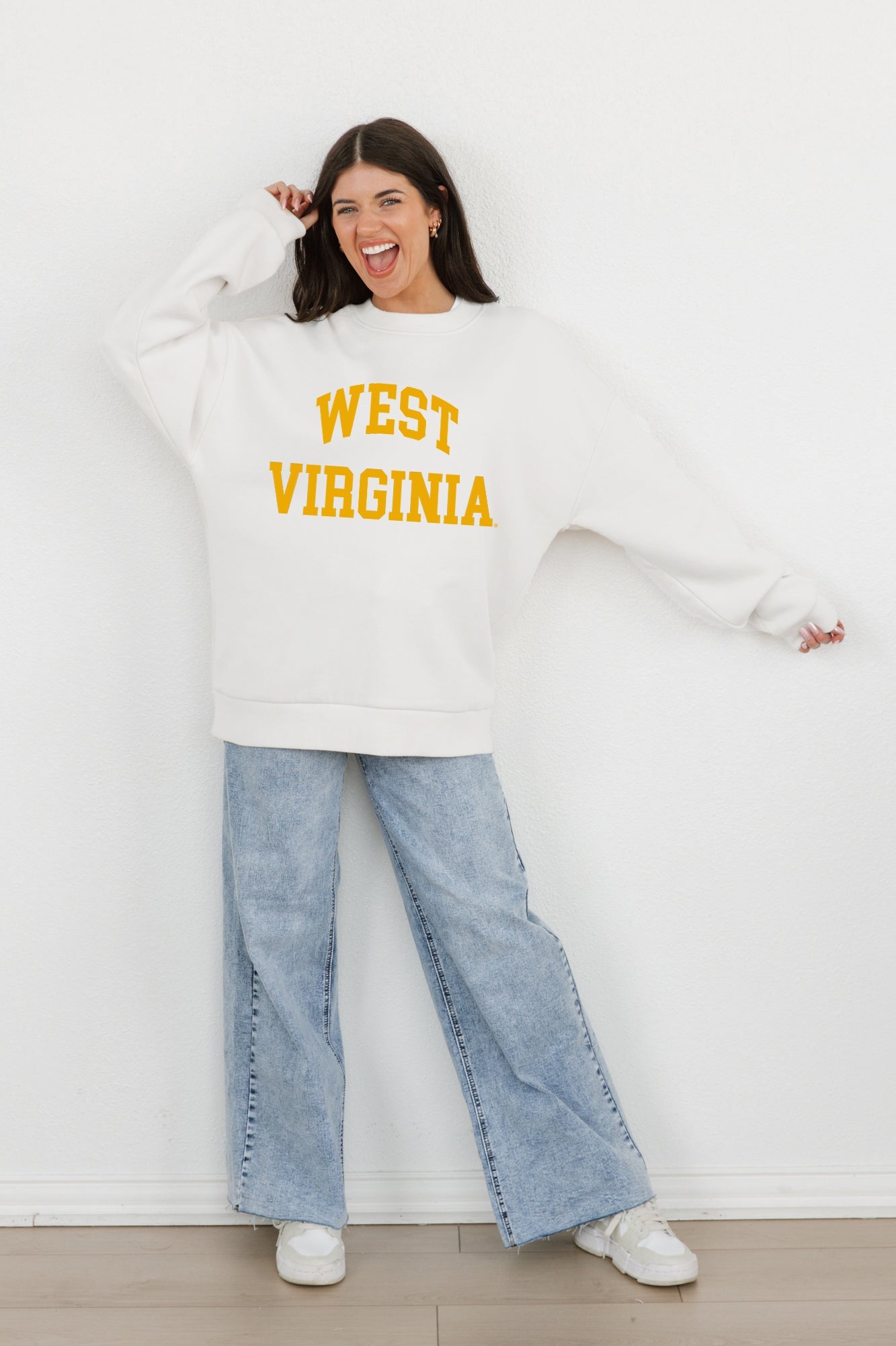 WEST VIRGINIA MOUNTAINEERS ALL-STAR STYLE PREMIUM FLEECE DROP SHOULDER CREWNECK PULLOVER BY MADI PREWETT TROUTT