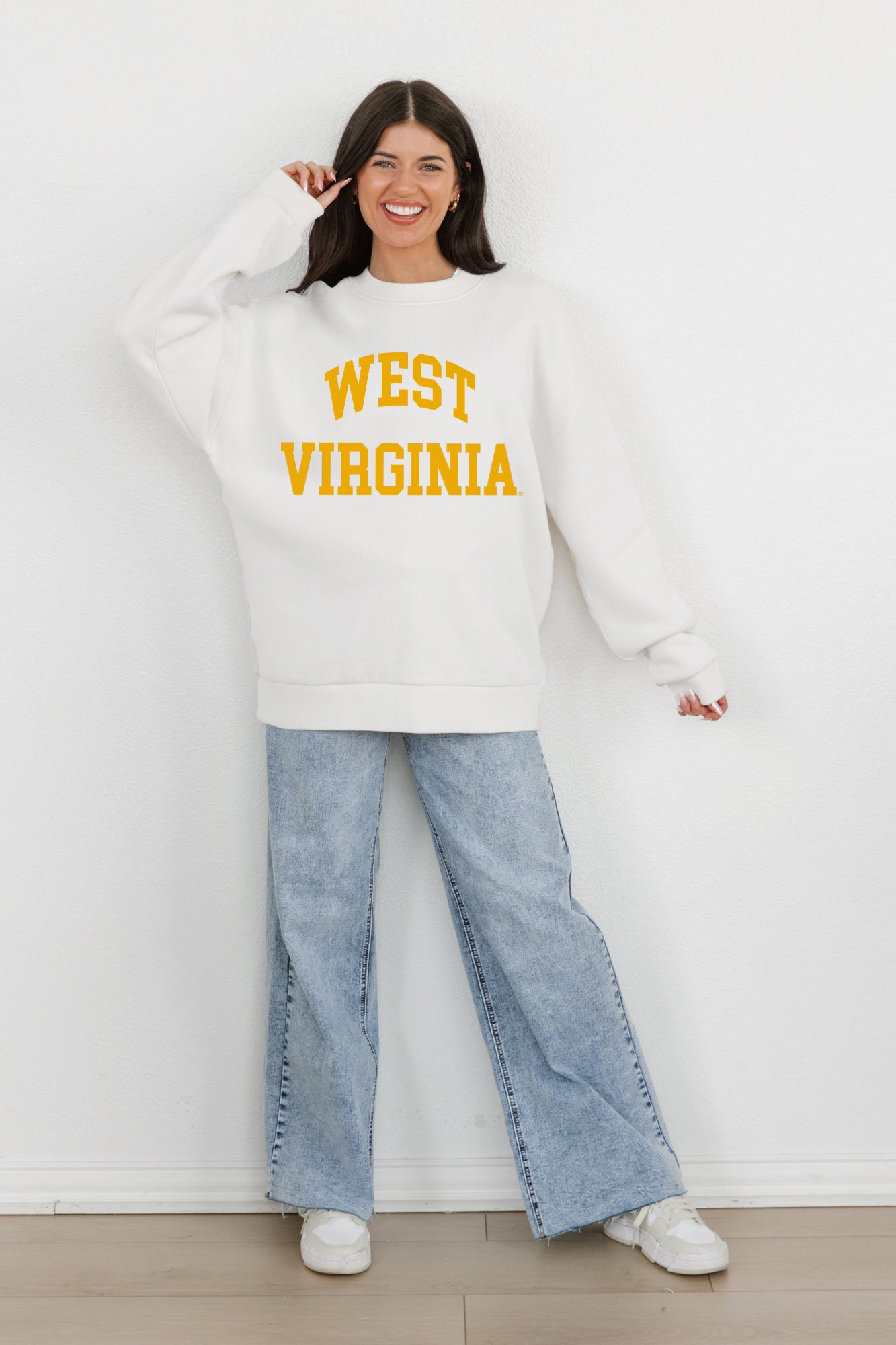 WEST VIRGINIA MOUNTAINEERS ALL-STAR STYLE PREMIUM FLEECE DROP SHOULDER CREWNECK PULLOVER BY MADI PREWETT TROUTT