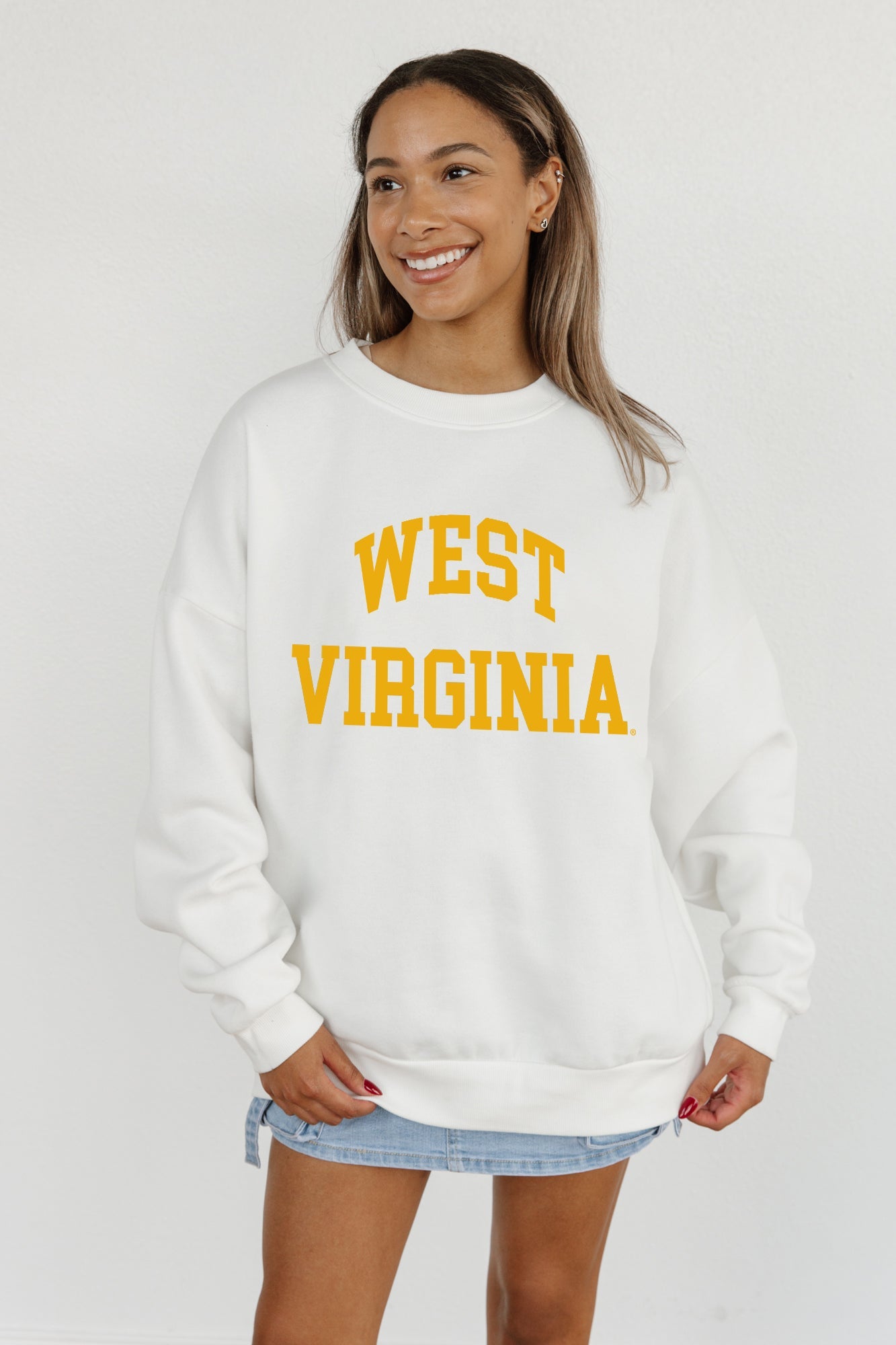 WEST VIRGINIA MOUNTAINEERS ALL-STAR STYLE PREMIUM FLEECE DROP SHOULDER CREWNECK PULLOVER BY MADI PREWETT TROUTT