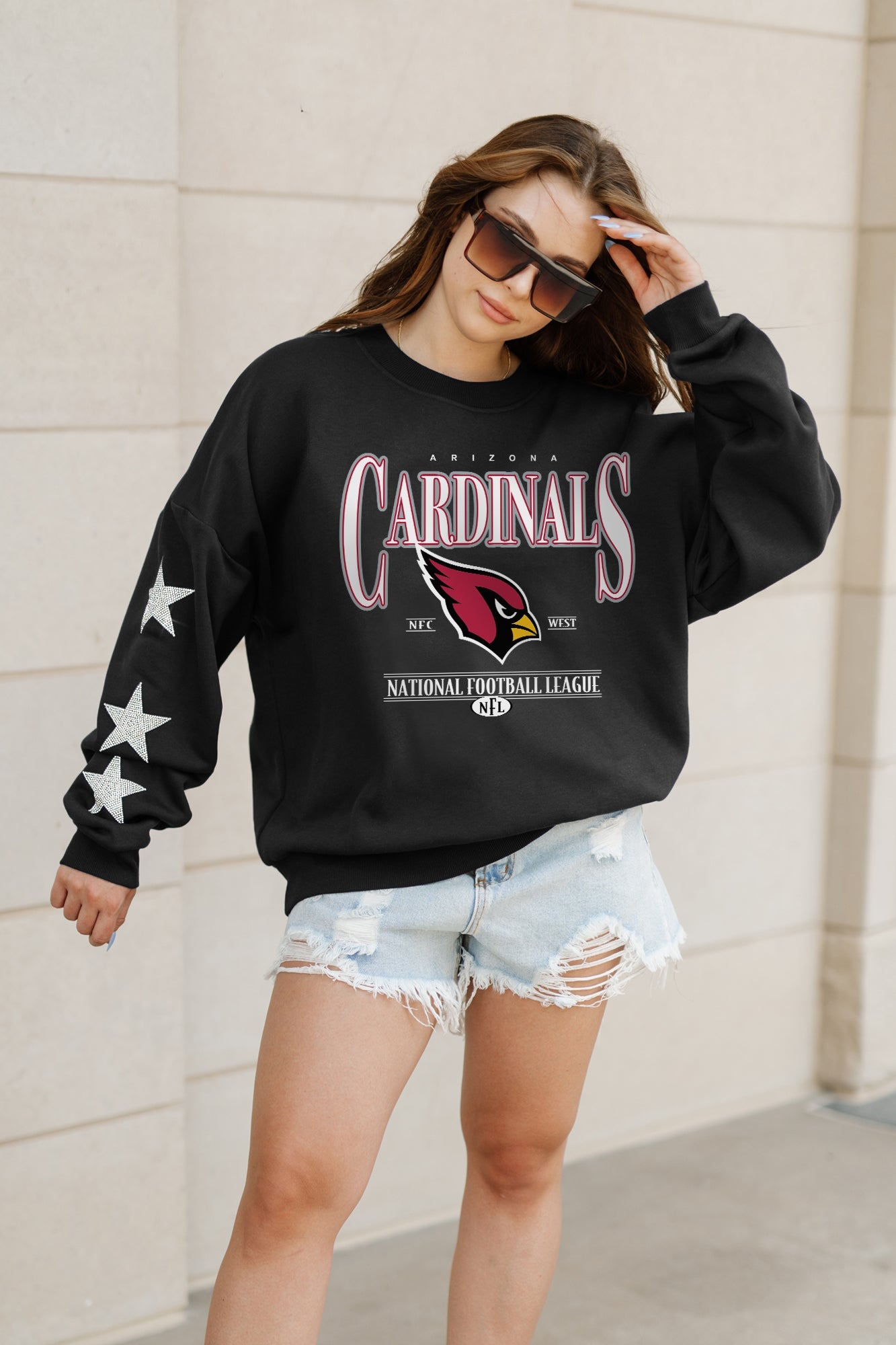 ARIZONA CARDINALS GAMEDAY GLIMMER EMBELLISHED STAR SLEEVE CREWNECK PULLOVER