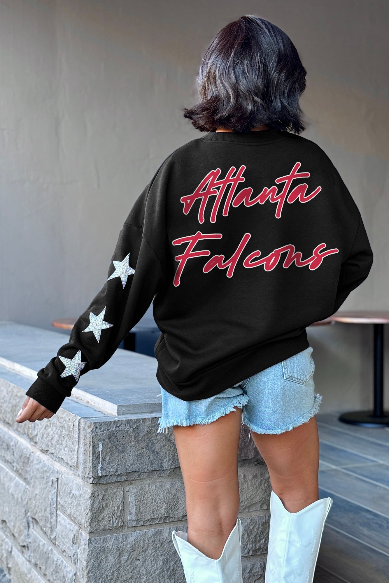 ATLANTA FALCONS RADIANT ENERGY EMBELLISHED STAR SLEEVE CREWNECK PULLOVER