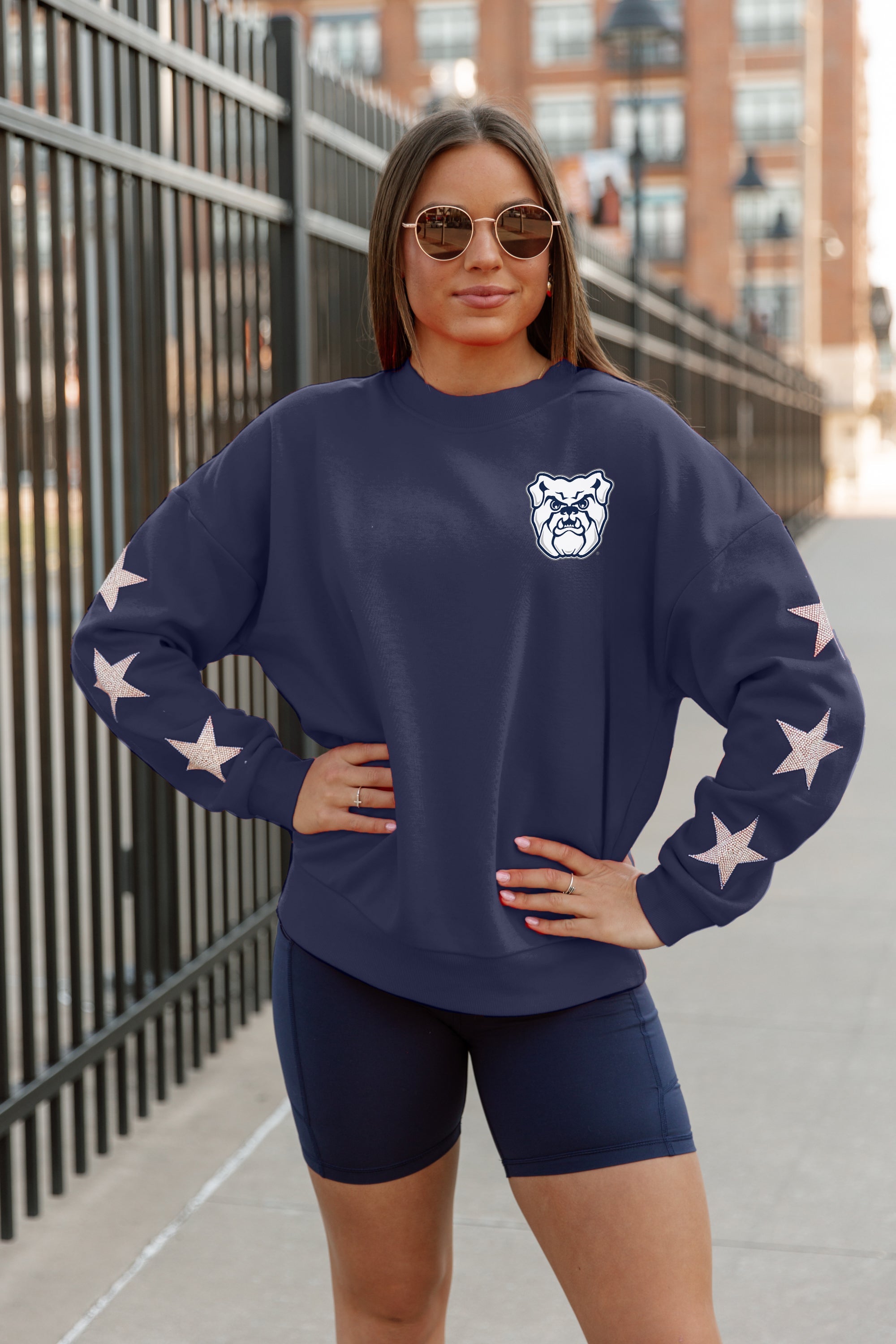 BUTLER BULLDOGS DEDICATION EMBELLISHED STAR SLEEVE CREWNECK PULLOVER