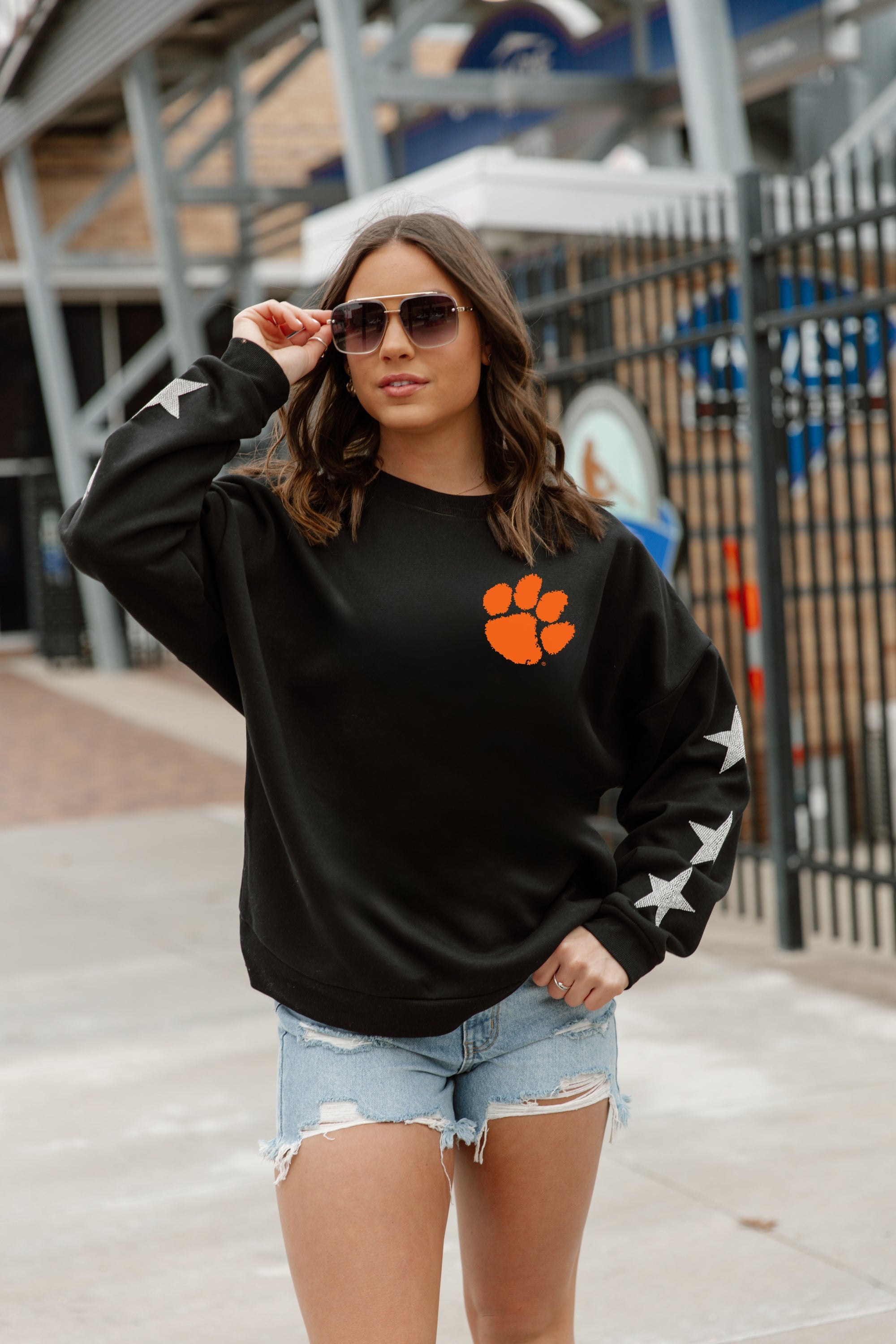 CLEMSON TIGERS DEDICATION EMBELLISHED STAR SLEEVE CREWNECK PULLOVER