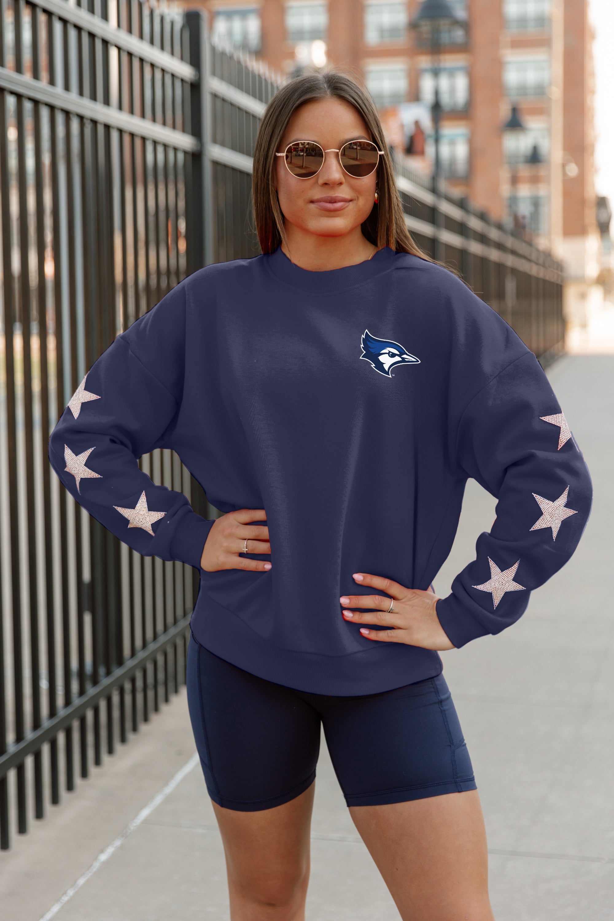 CREIGHTON BLUEJAYS DEDICATION EMBELLISHED STAR SLEEVE CREWNECK PULLOVER