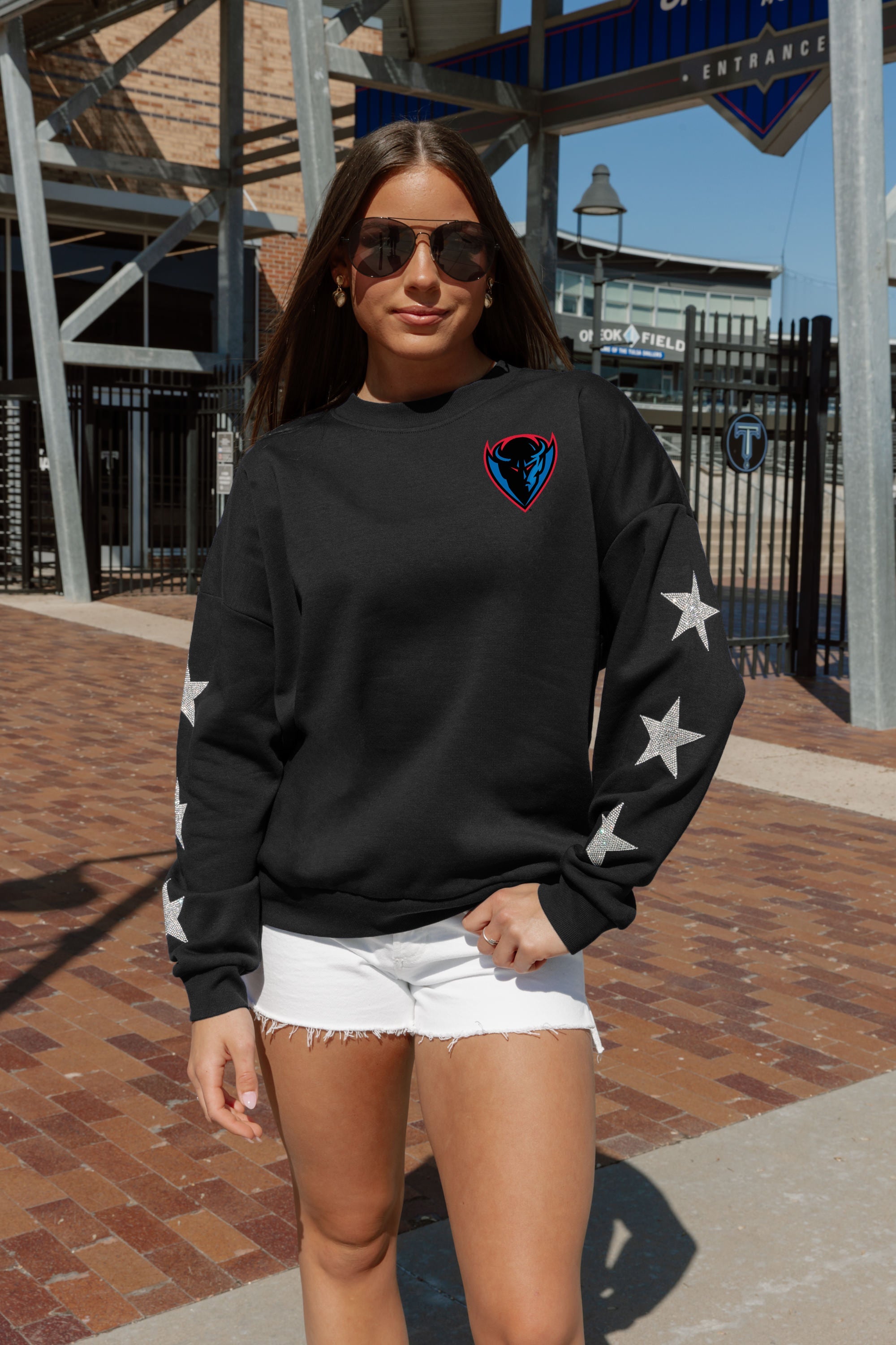 DEPAUL BLUE DEMONS DEDICATION EMBELLISHED STAR SLEEVE CREWNECK PULLOVER