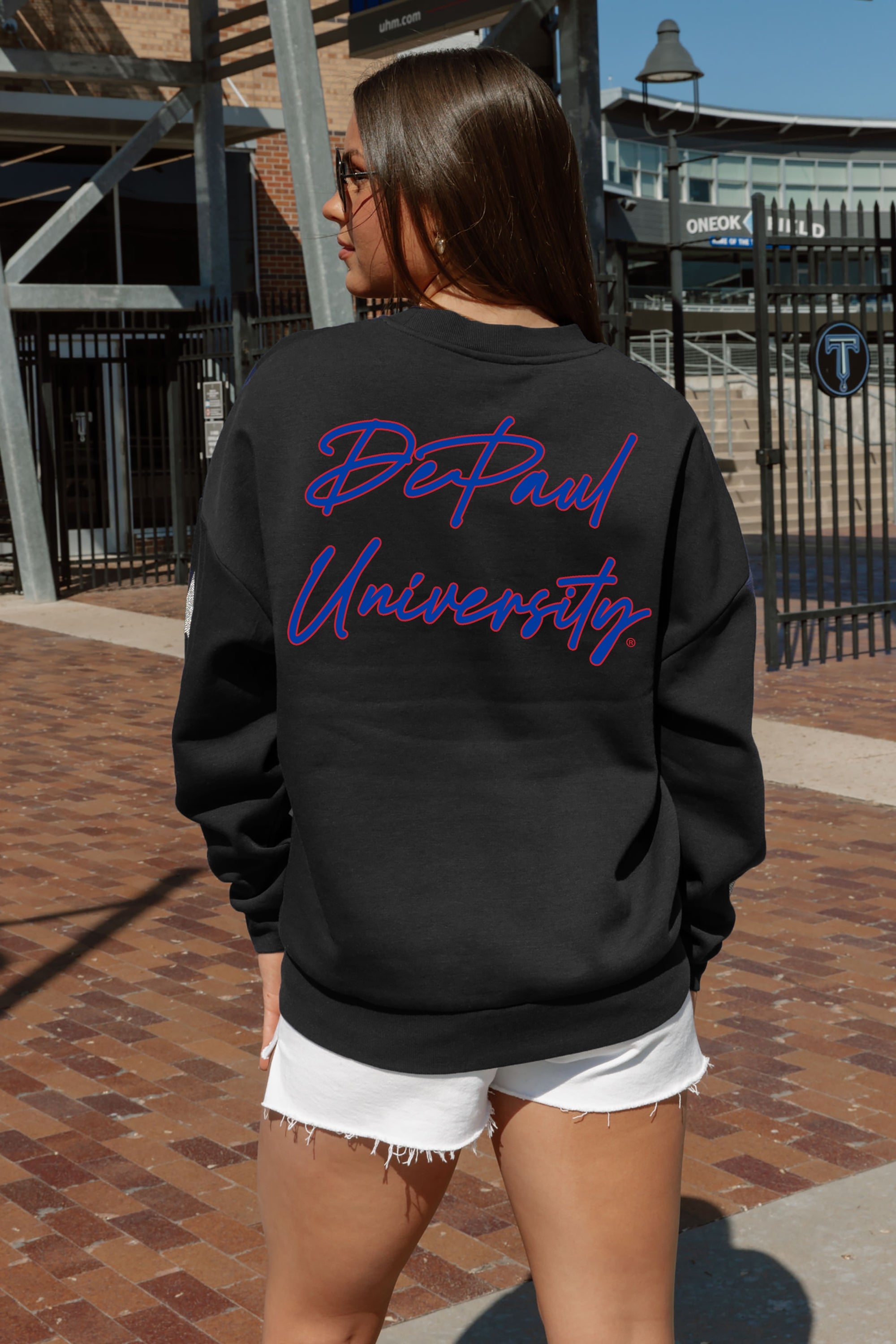 DEPAUL BLUE DEMONS DEDICATION EMBELLISHED STAR SLEEVE CREWNECK PULLOVER