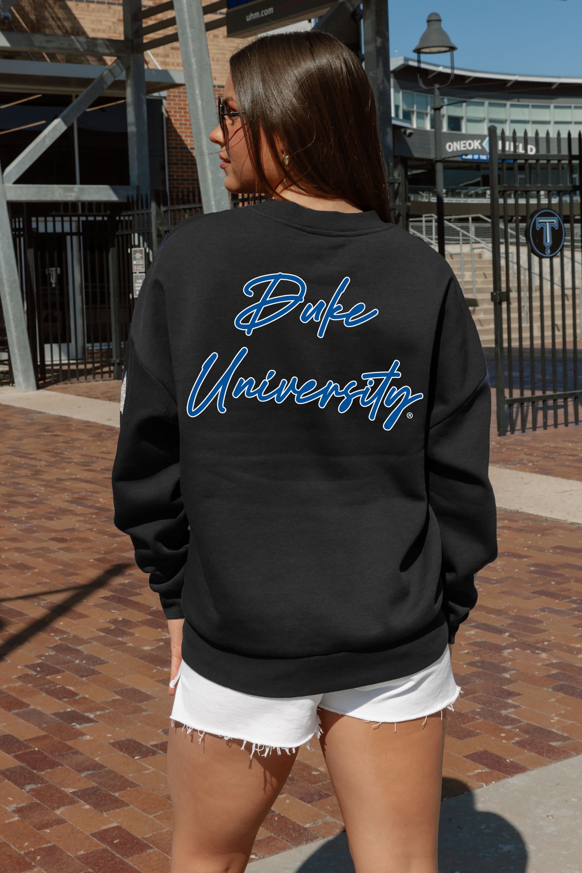 DUKE BLUE DEVILS DEDICATION EMBELLISHED STAR SLEEVE CREWNECK PULLOVER