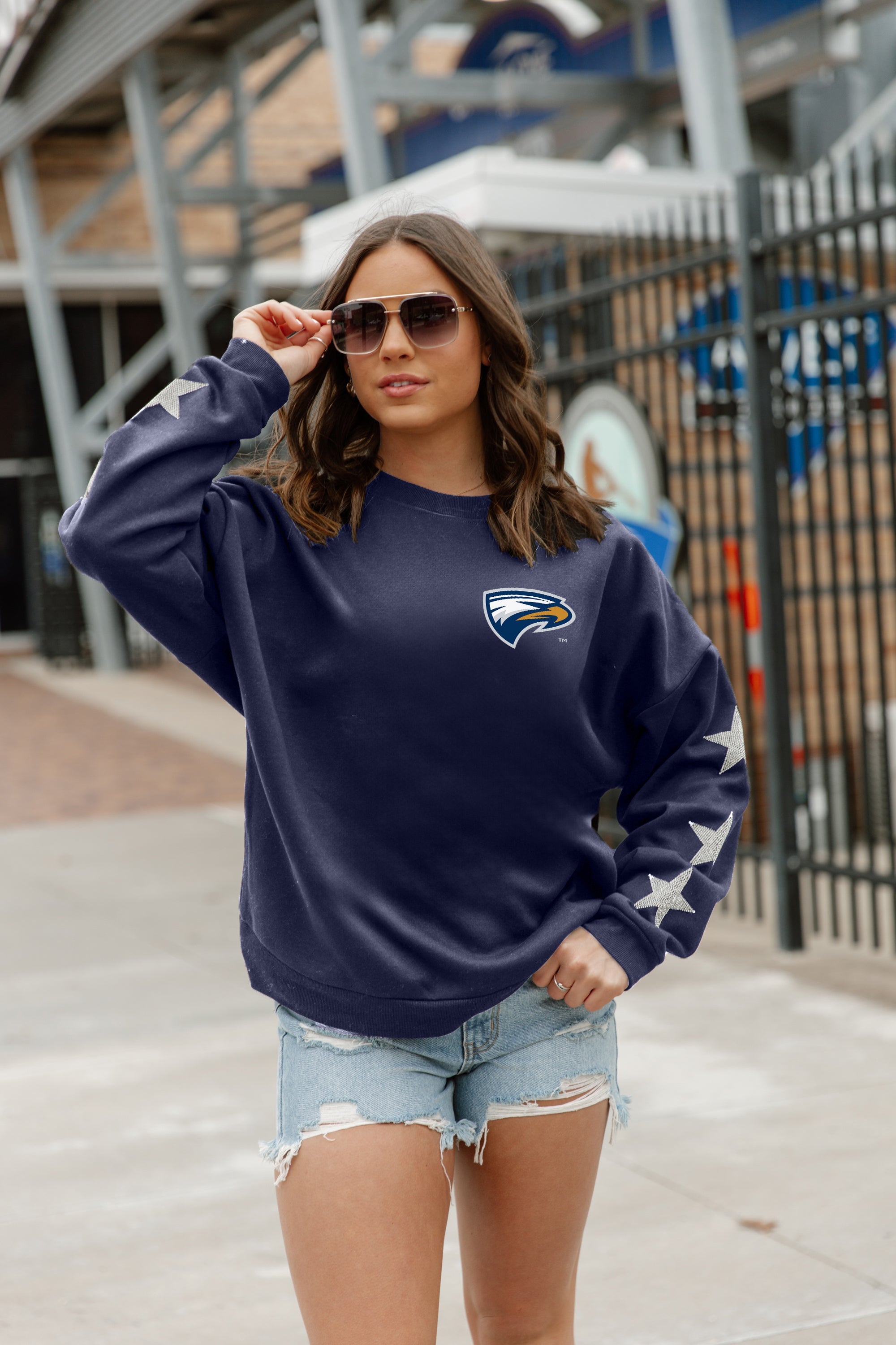 EMORY EAGLES DEDICATION EMBELLISHED STAR SLEEVE CREWNECK PULLOVER