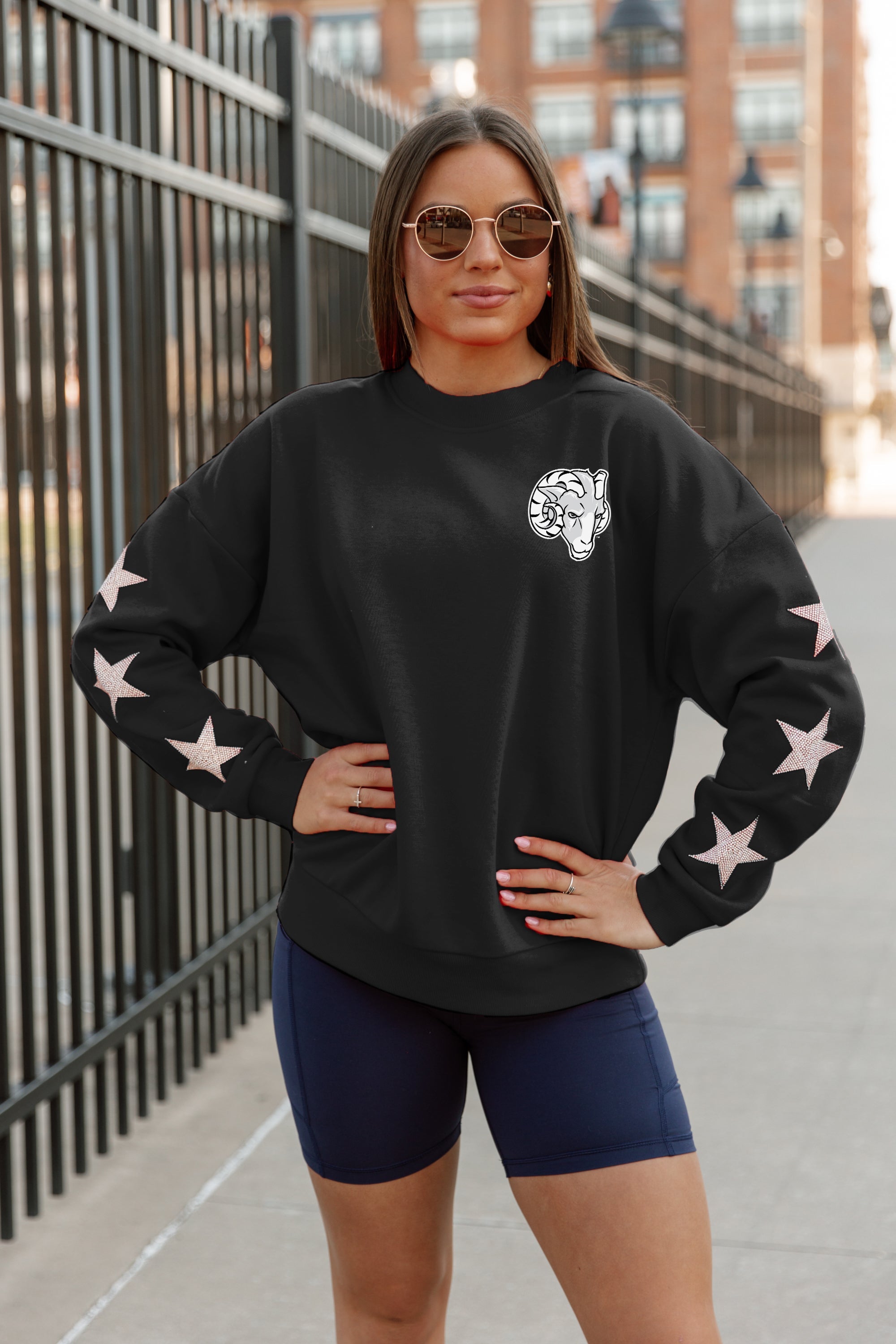 FORDHAM RAMS DEDICATION EMBELLISHED STAR SLEEVE CREWNECK PULLOVER