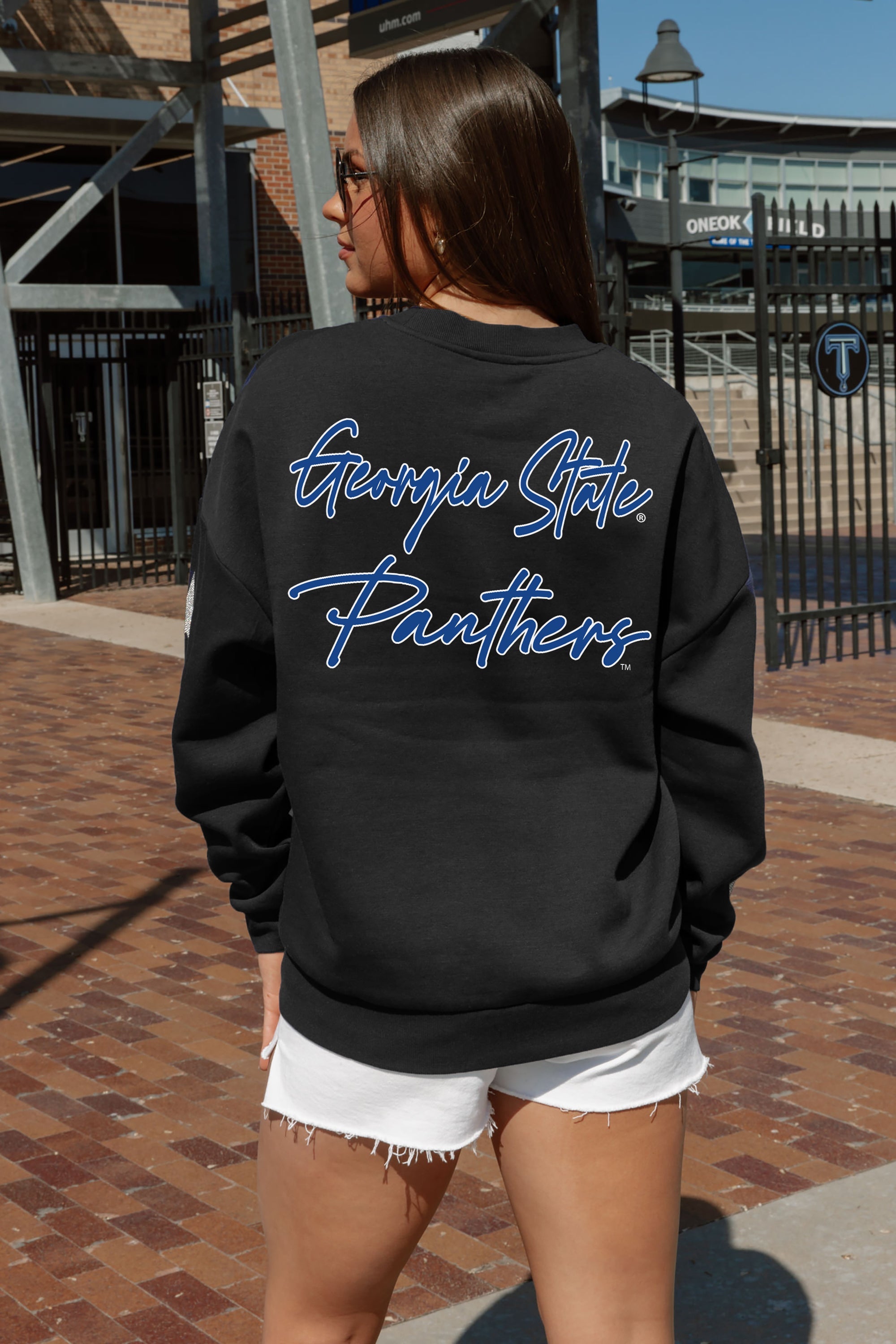 GEORGIA STATE PANTHERS DEDICATION EMBELLISHED STAR SLEEVE CREWNECK PULLOVER