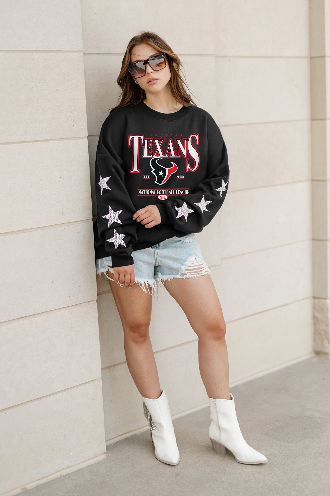 HOUSTON TEXANS GAMEDAY GLIMMER EMBELLISHED STAR SLEEVE CREWNECK PULLOVER