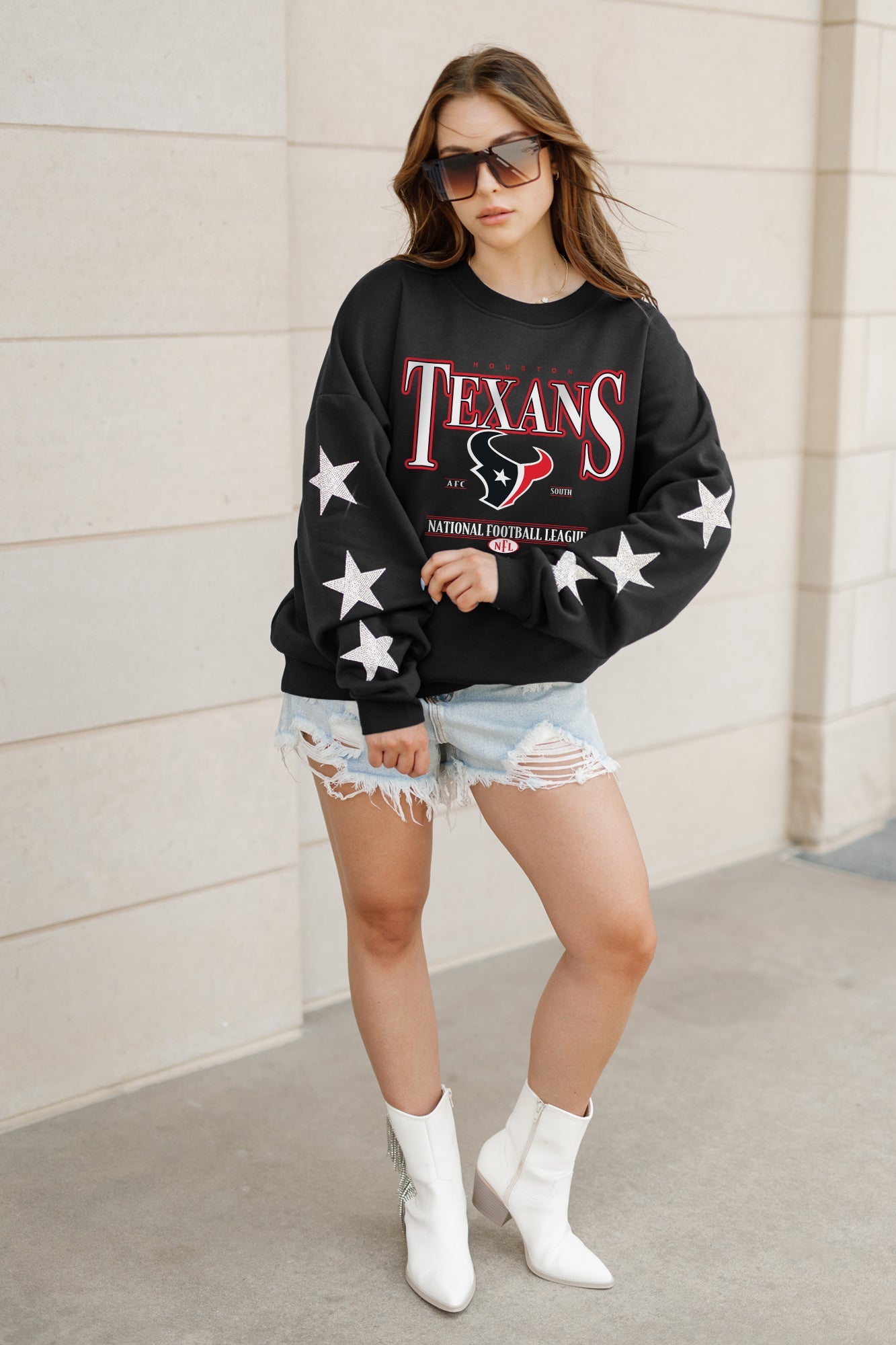 HOUSTON TEXANS GAMEDAY GLIMMER EMBELLISHED STAR SLEEVE CREWNECK PULLOVER