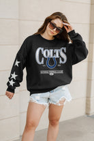 INDIANAPOLIS COLTS GAMEDAY GLIMMER EMBELLISHED STAR SLEEVE CREWNECK PULLOVER