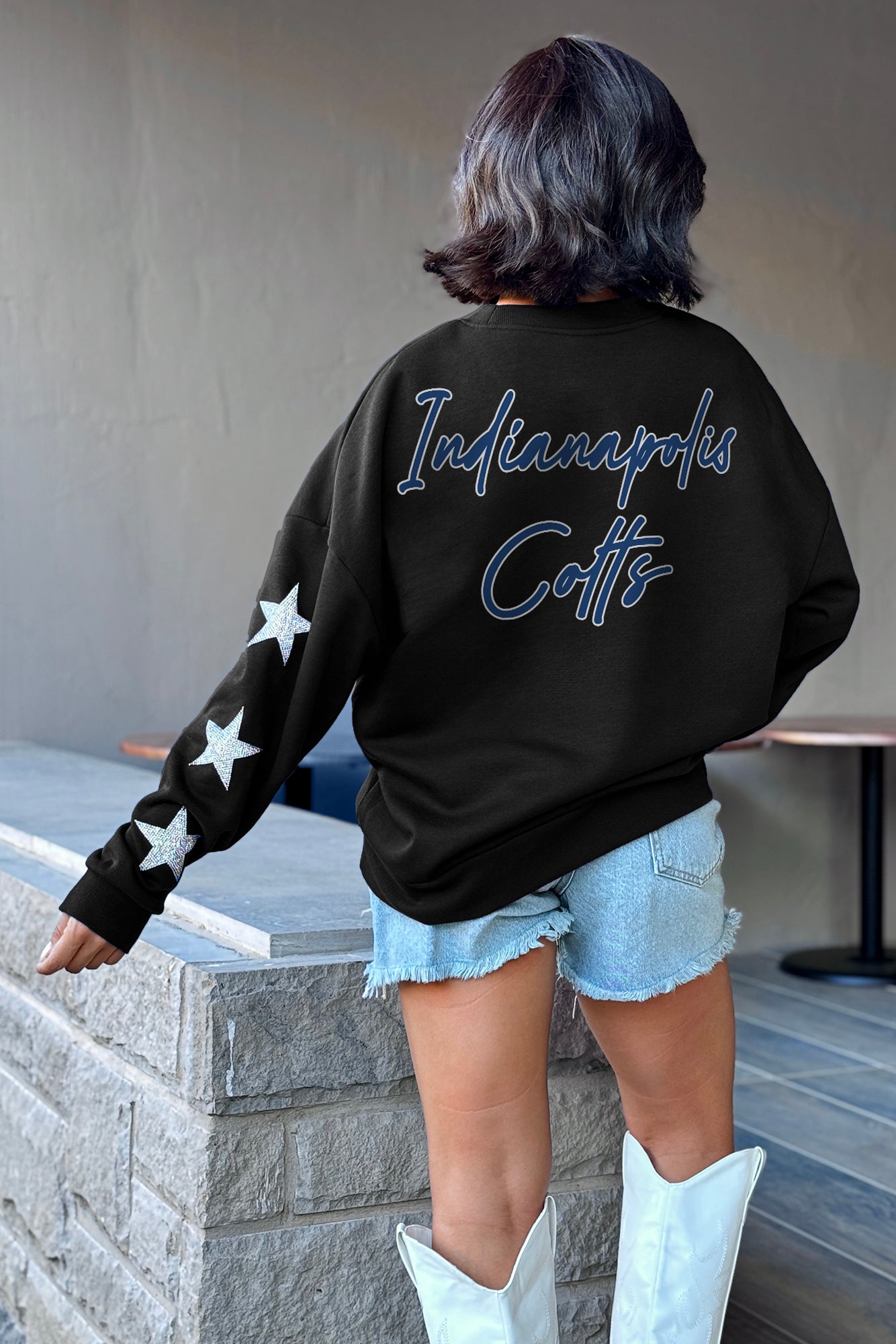 INDIANAPOLIS COLTS RADIANT ENERGY EMBELLISHED STAR SLEEVE CREWNECK PULLOVER IN BLACK