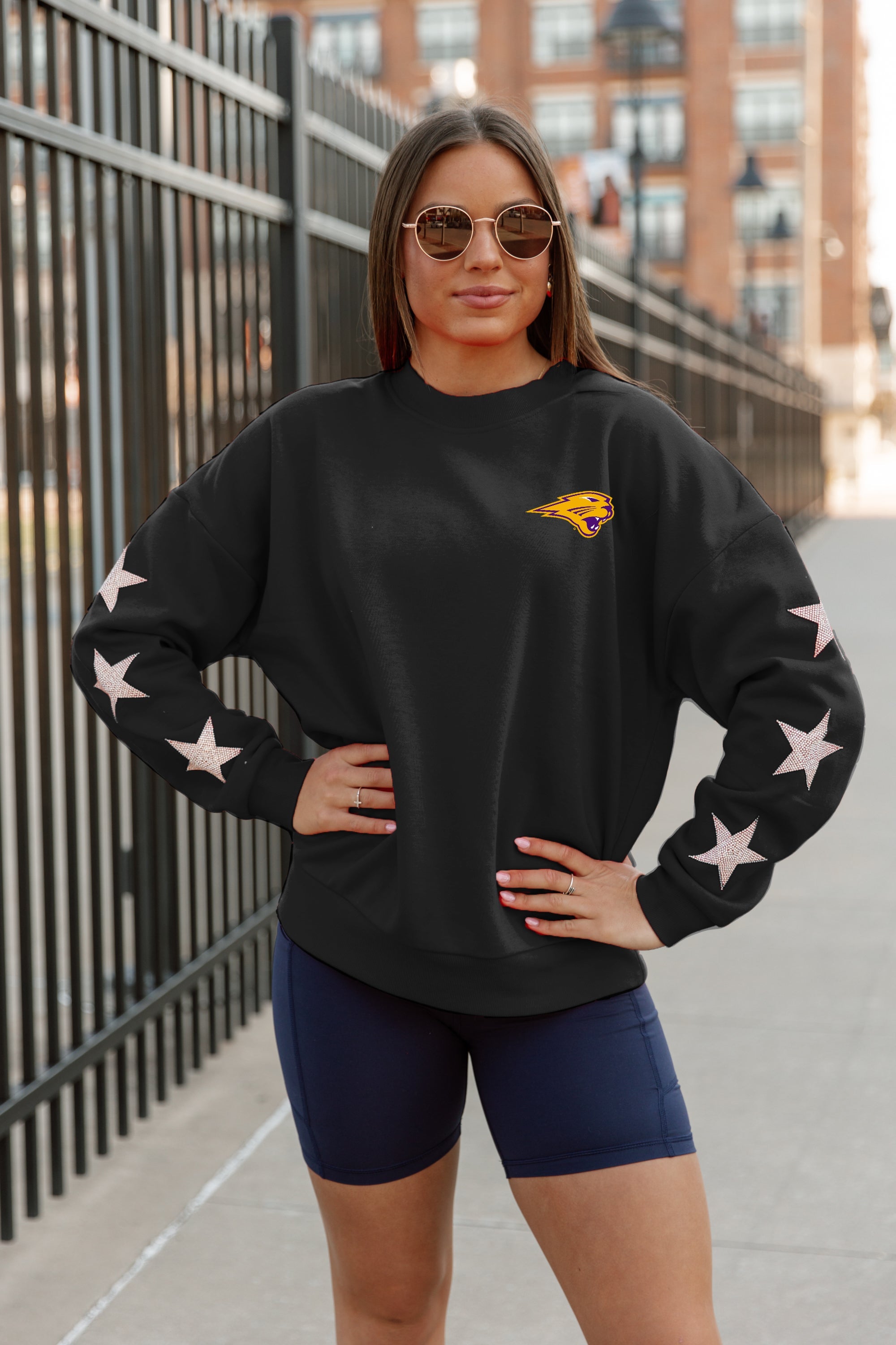 NORTHERN IOWA PANTHERS DEDICATION EMBELLISHED STAR SLEEVE CREWNECK PULLOVER