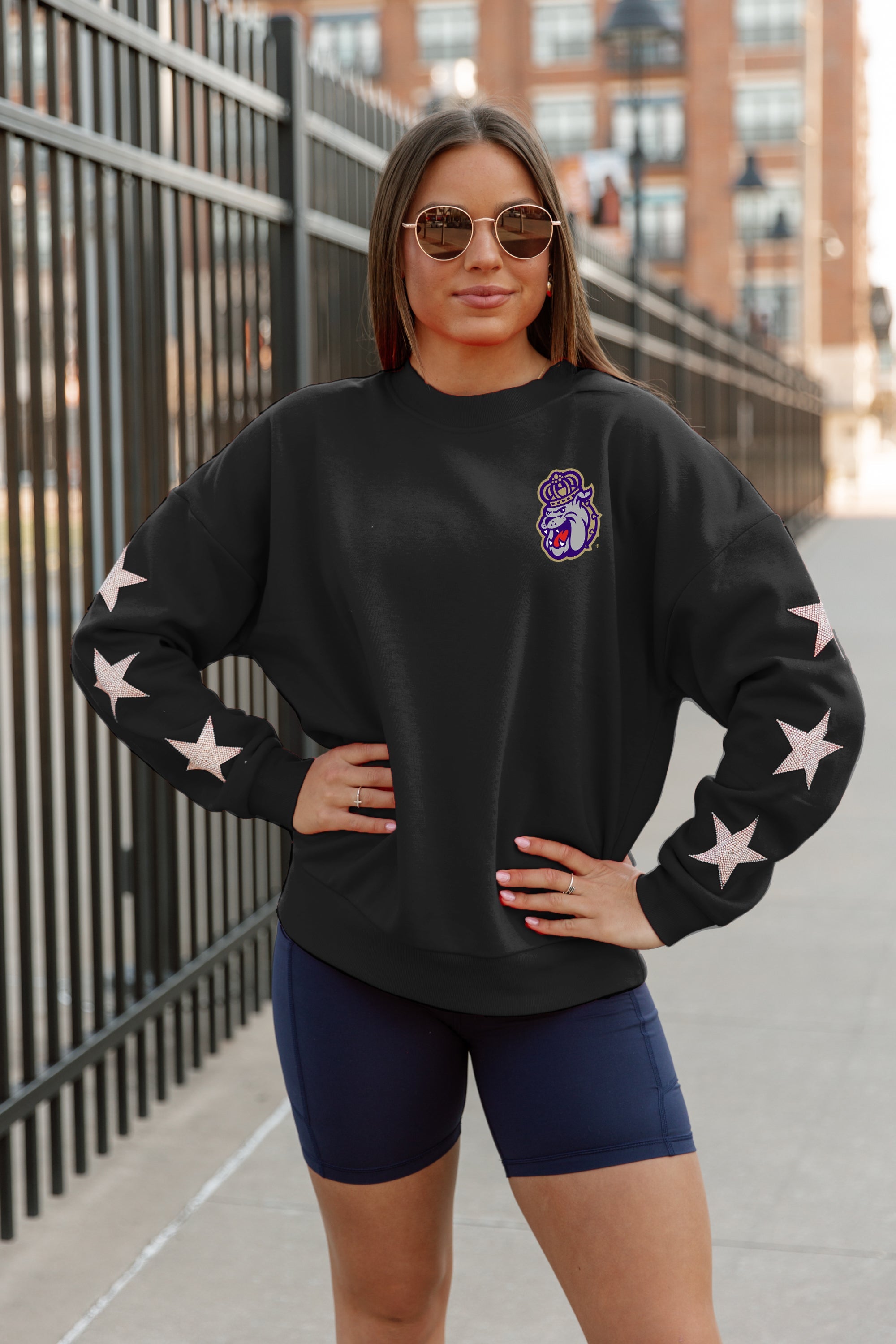 JAMES MADISON DUKES DEDICATION EMBELLISHED STAR SLEEVE CREWNECK PULLOVER