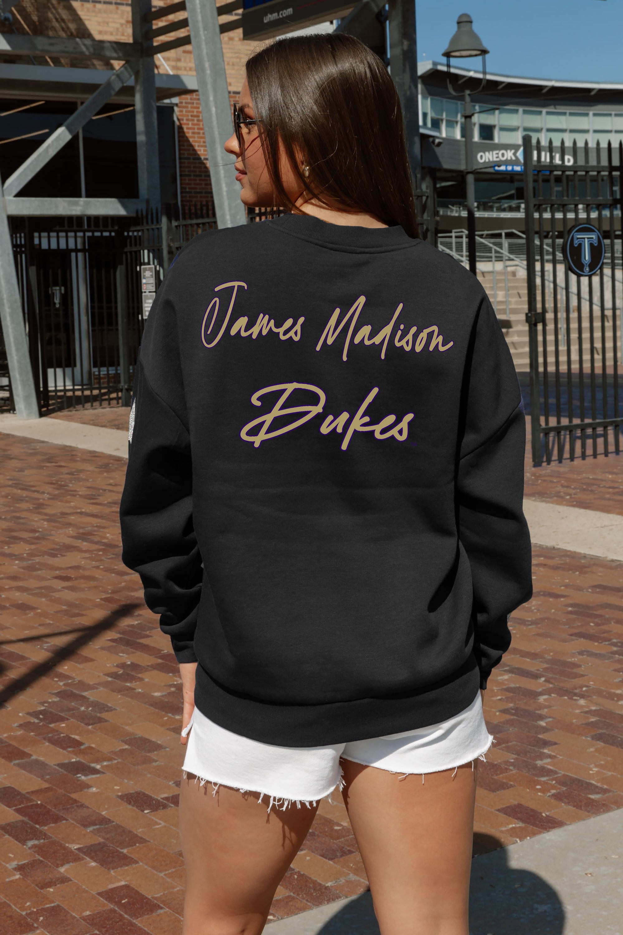 JAMES MADISON DUKES DEDICATION EMBELLISHED STAR SLEEVE CREWNECK PULLOVER