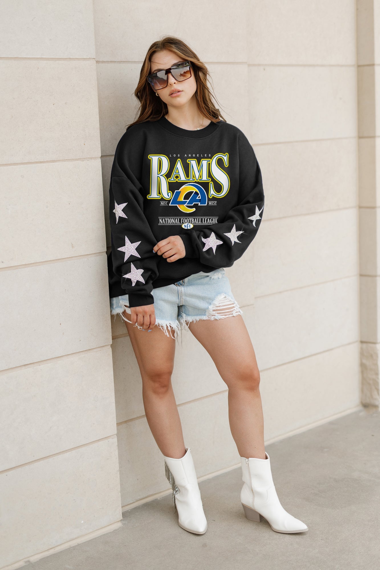 LOS ANGELES RAMS GAMEDAY GLIMMER EMBELLISHED STAR SLEEVE CREWNECK PULLOVER