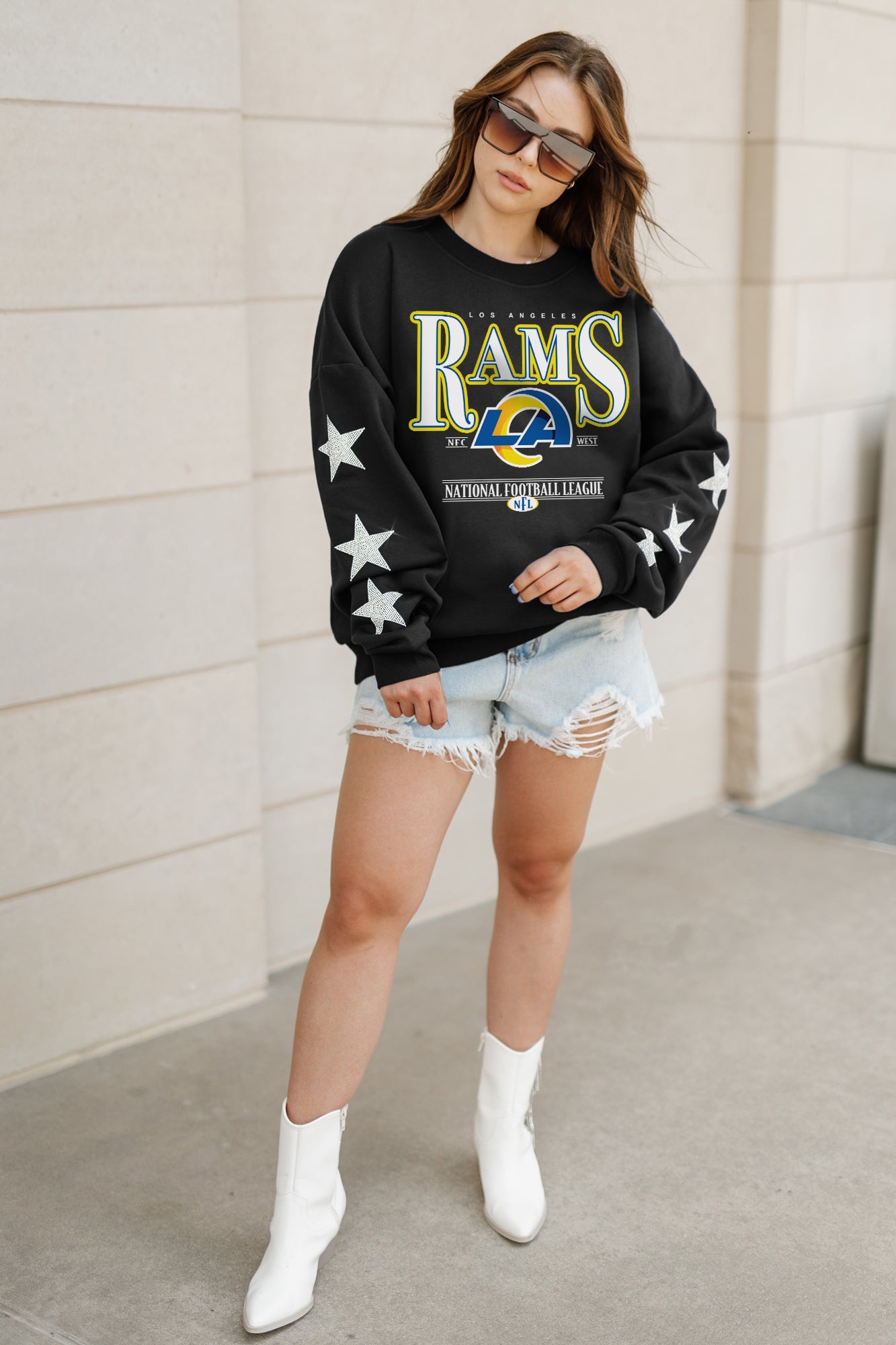 LOS ANGELES RAMS GAMEDAY GLIMMER EMBELLISHED STAR SLEEVE CREWNECK PULLOVER